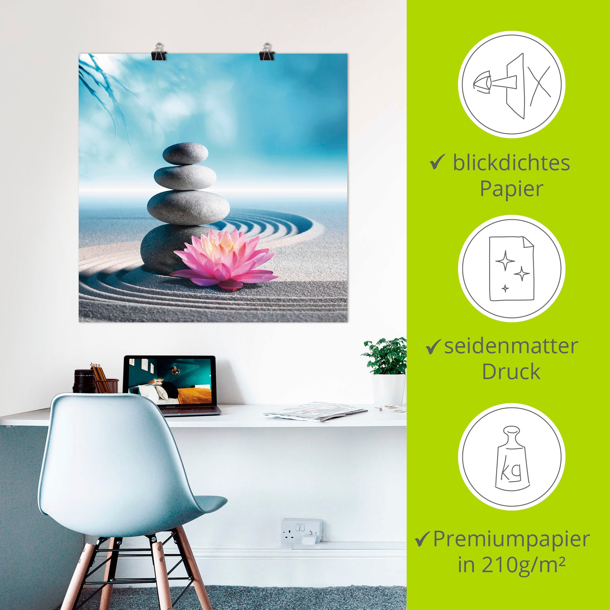 Artland Wandbild »Sand, Lilie und Spa-Steine in Zen-Garten«, Zen, (1 St.), als Alubild, Outdoorbild, Leinwandbild, Poster in verschied. Grössen