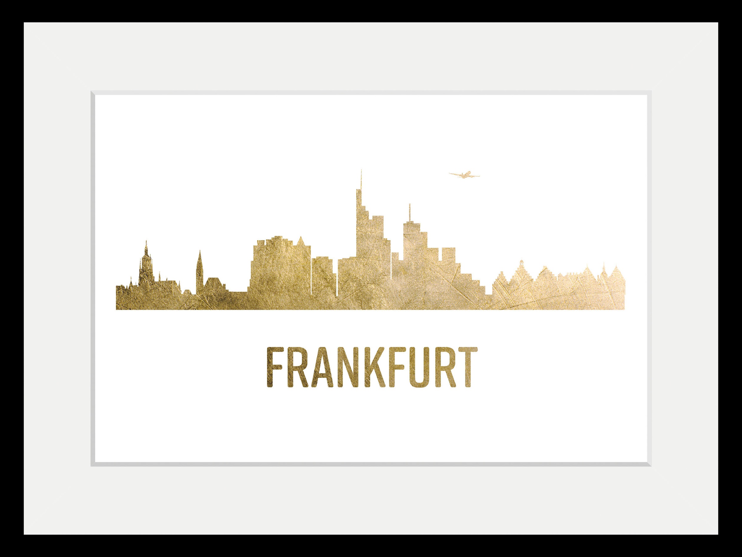 queence Bild »Frankfurt Skyline GOLD«, Städte-Stadt-Deutschland-Kirche-Gebäude-Schriftzug-Frankfurt am Main, (1 St.), HD Premium Poster-Druck inkl. Holzrahmen