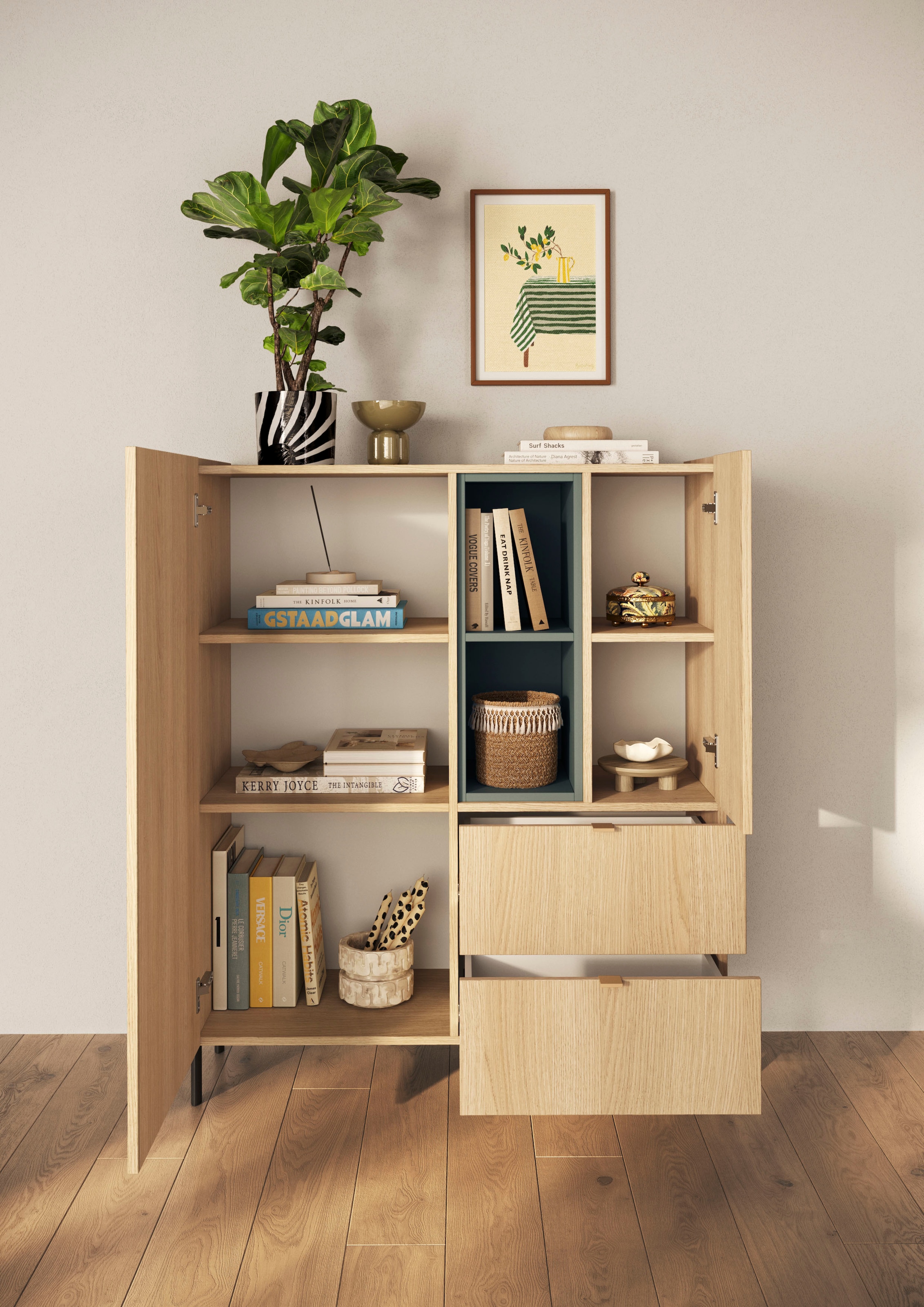GOODproduct Buffet haut »Badia, B/H 101/124 cm, 2 Türen, 2 Schubkästen, Stauraumschrank« Top intégré, pieds métalliques droits, accents de couleur sauge