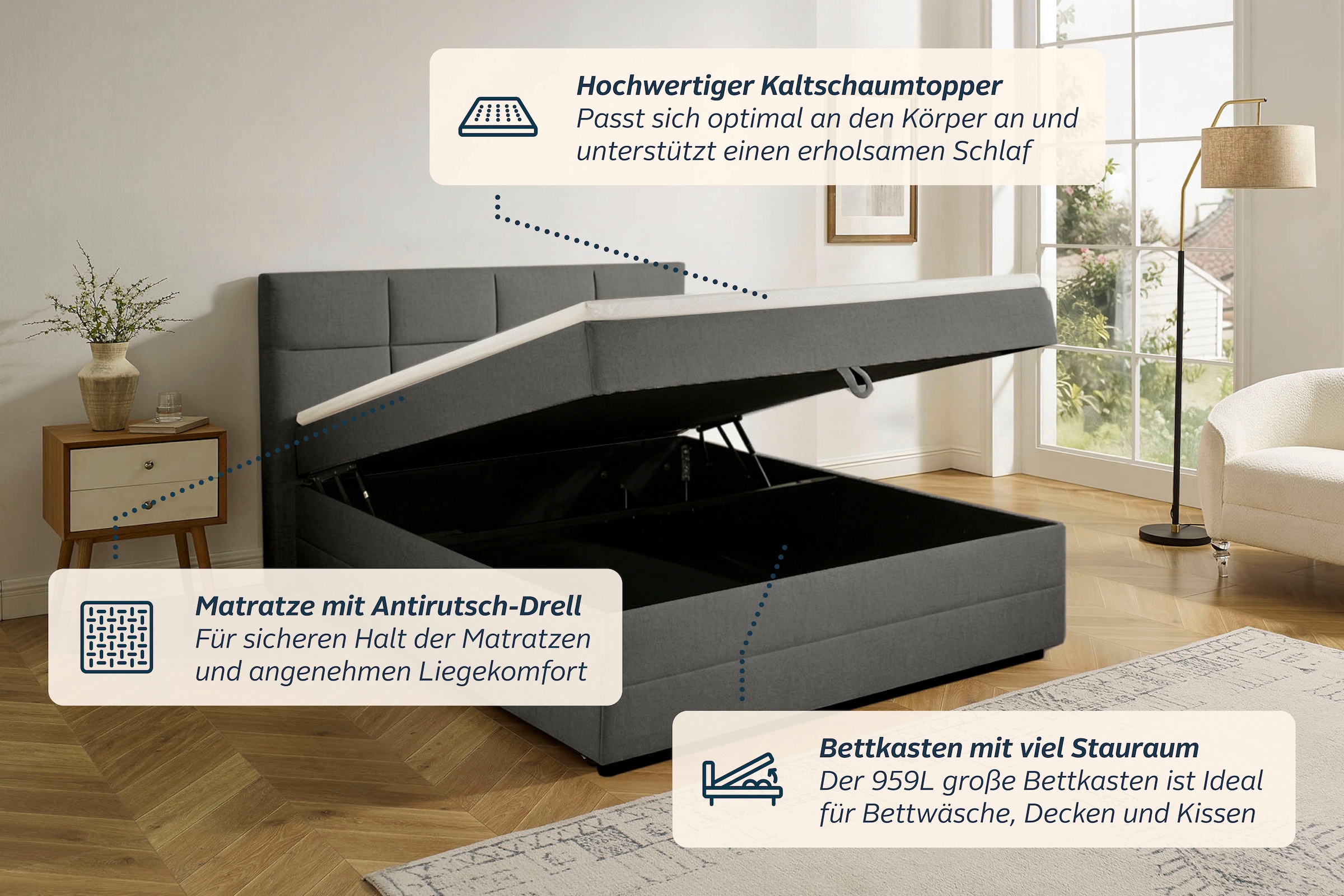 GOODproduct Boxbett »FILLMORE, Polsterbett mit Bettkasten und Taschenfederkernmatratze H3« mit Kaltschaumtopper, Strukturstoff-Bezug, 140x200 & 180x200 cm