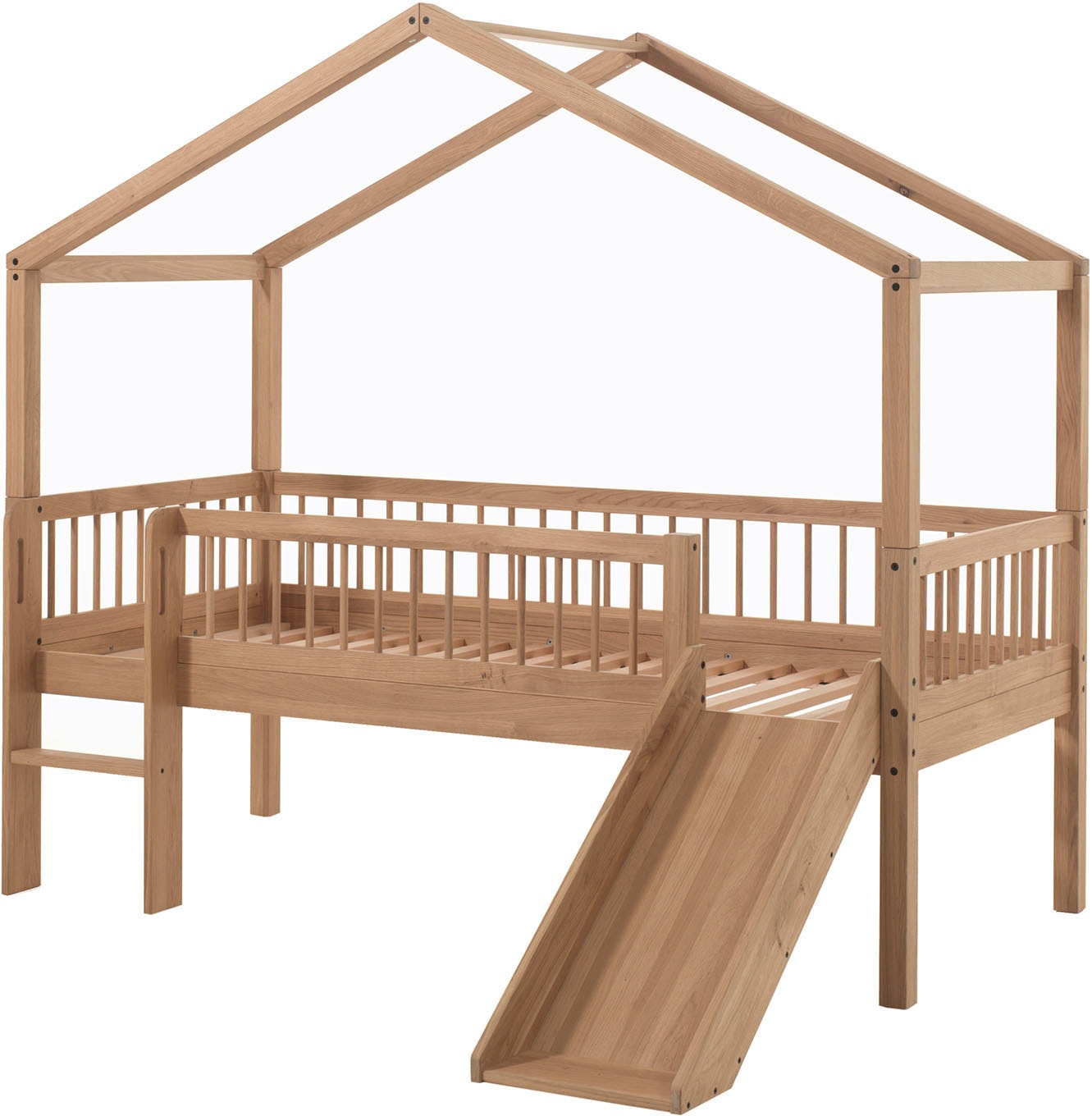 Image of Vipack Hausbett "Forrest ist ein hochwertiges Massivholz Haus Bett "Made in Europe"" inkl. Rolllattenrost, Dachaufbau, Absturzschutz, Leiter und Rutsche, wahlweise aus massiver Eiche geölt oder Buche massiv weiss lackiert