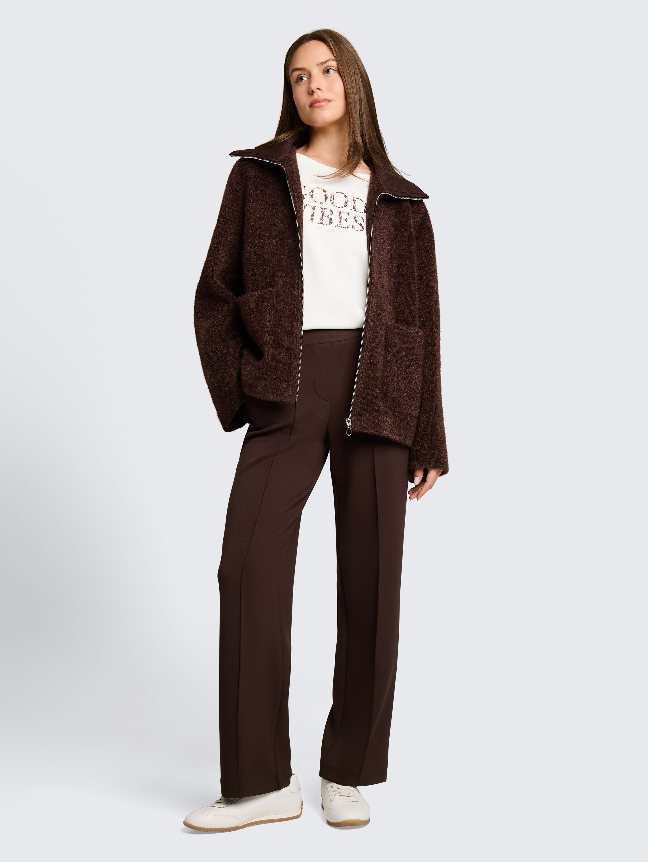 TOM TAILOR Strickfleecejacke ohne Kapuze mit Strick-Struktur und grossem Kragen