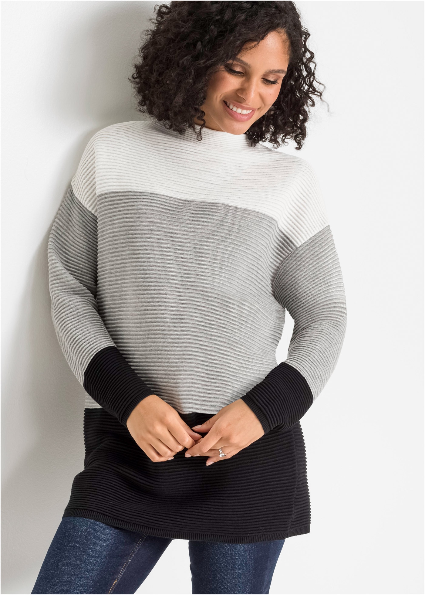 Image of bonprix Longpullover "Gestreifter Long-Pullover" Rippstrick mit Baumwollanteil, mit dezentem Stehkragen, colorblocking