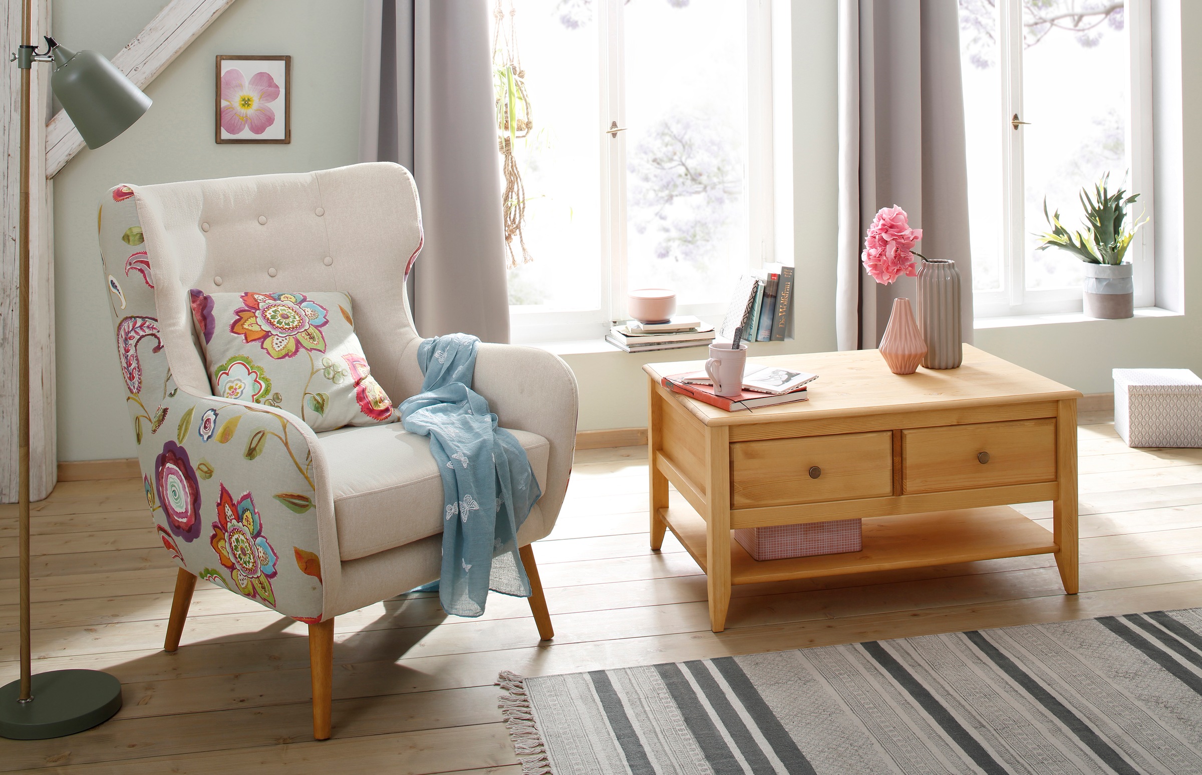 GOODproduct Couchtisch »Leonis« Breite 89 cm, mit Schubladen und Ablageboden, massiver Kiefer,  FSC®