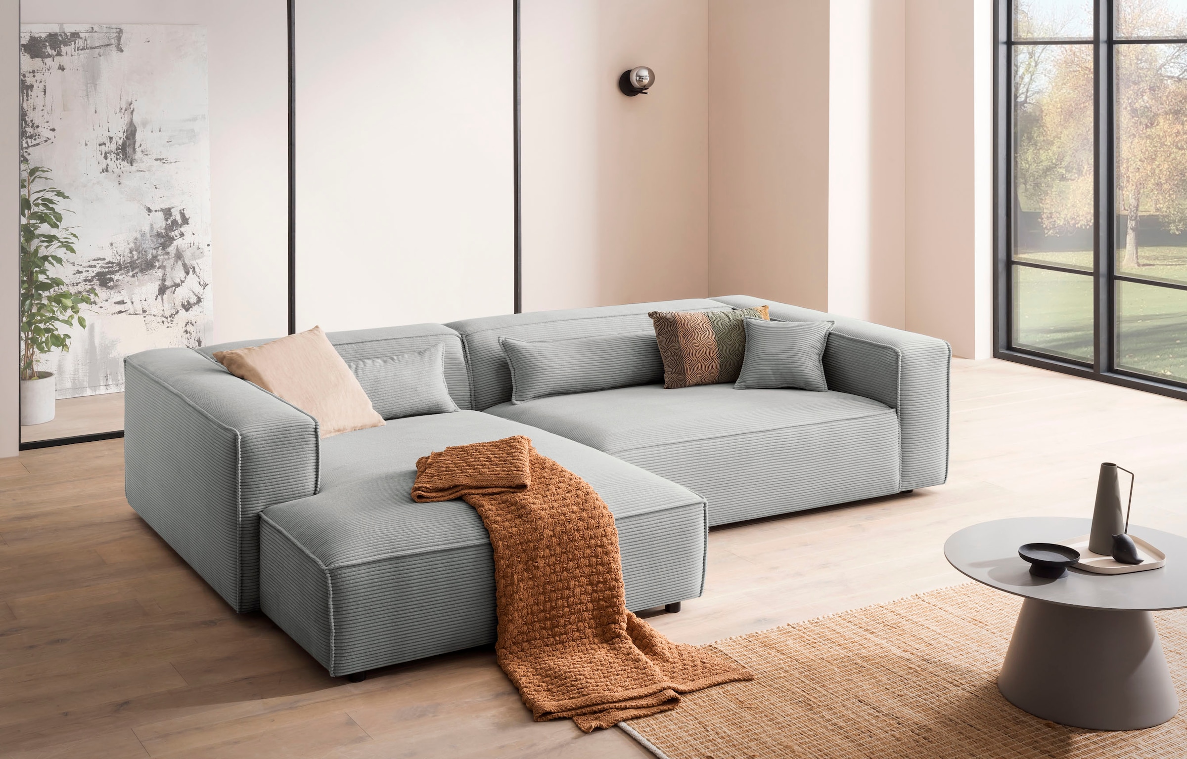 LeGer Home by Lena Gercke Ecksofa »PIARA XXL, Big-Sofa in Cord oder Leinenoptik, L-Form, mit Kedernaht«, wahlweise Ottomane rechts/links, schwarze Füsse, extra tiefe Sitzfläche