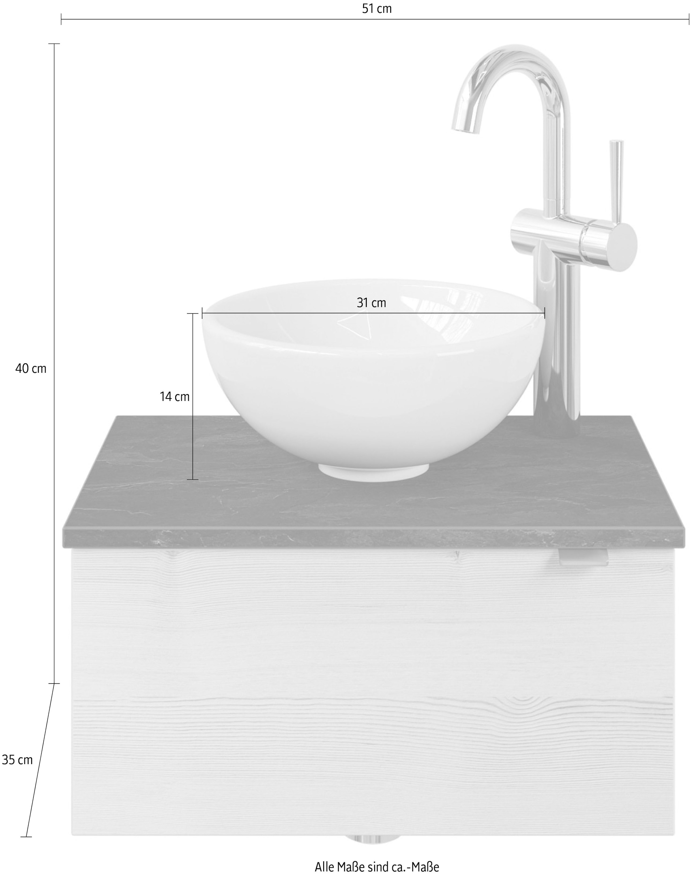 Saphir Waschtisch »Serie 6915 Waschschale mit Unterschrank für Gästebad, Gäste WC« Keramik-Aufsatzbecken, Waschtischplatte, Waschtischunterschrank, 3 Stk. tlg. 51 cm breit, 1 Tür, Waschtischplatte, kleine Bäder, ohne Armatur
