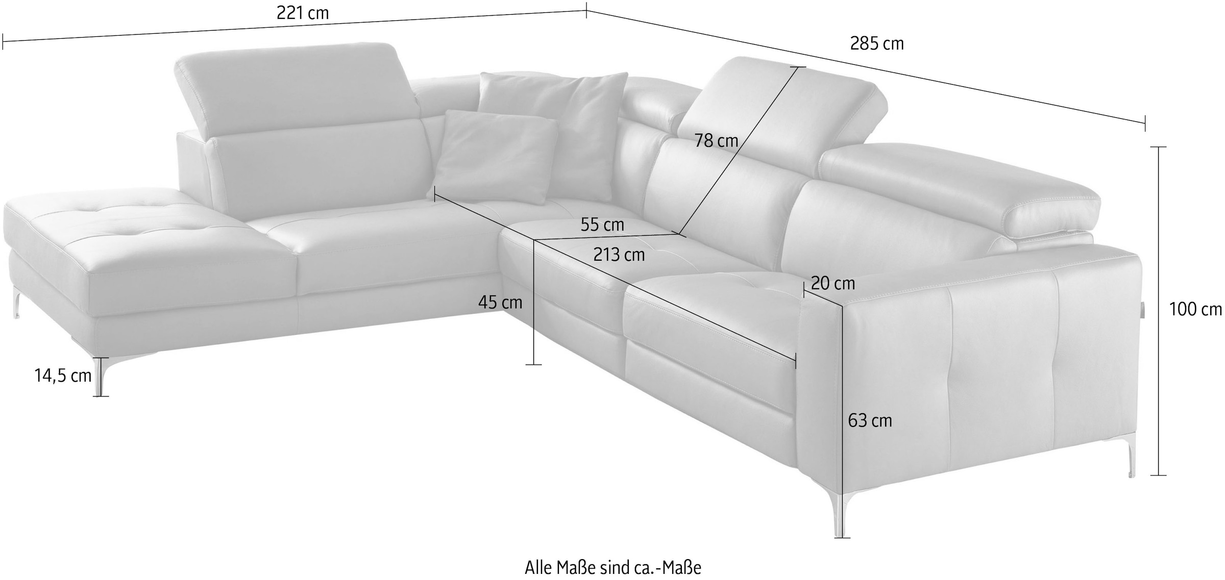Egoitaliano Canapé d'angle »Matt, hoher Sitzkomfort und aufwendige Detailverarbeitung, L-Form« mit Ottomane, inkl. verstellbarer Kopfteile zum Relaxen