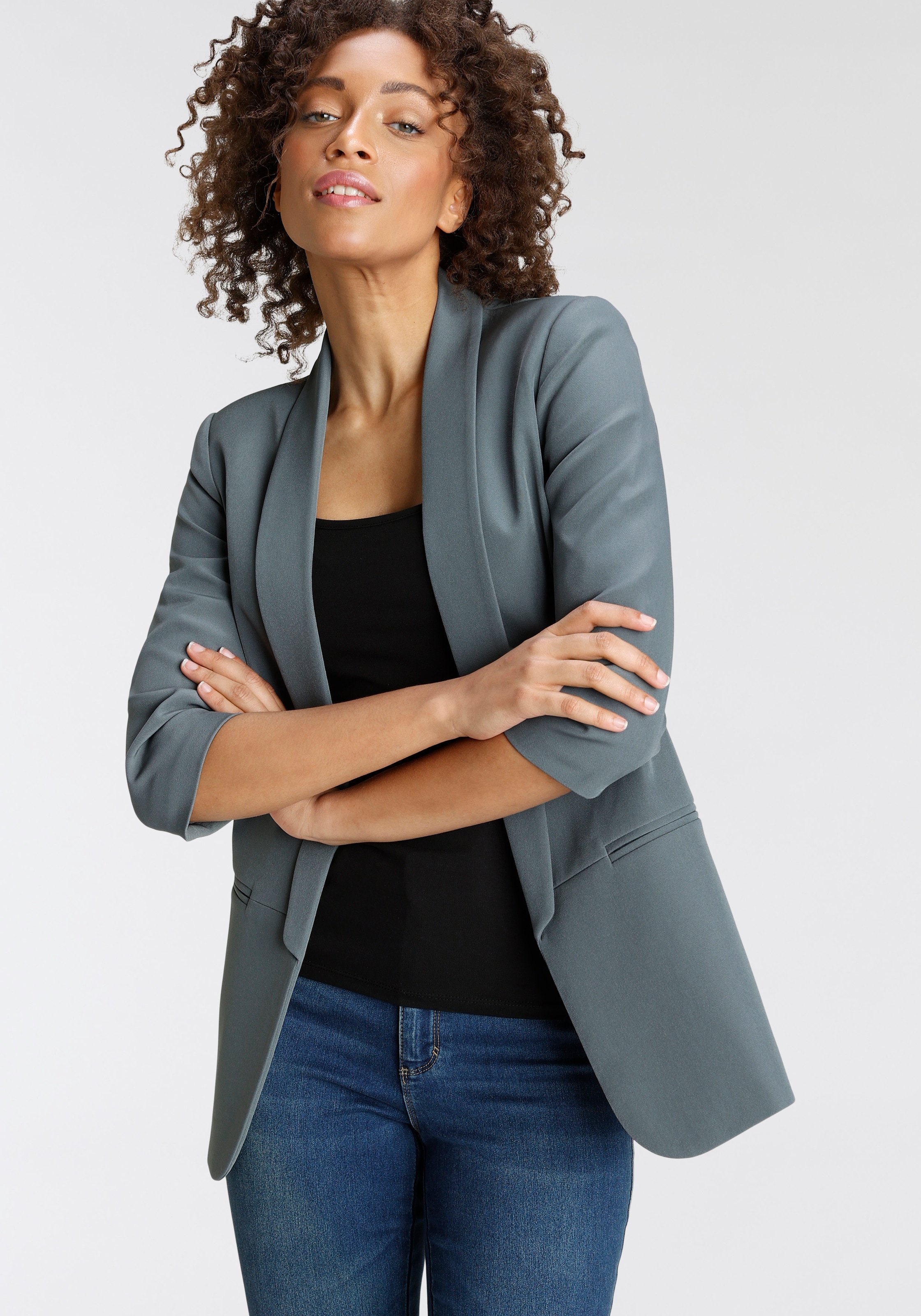 Image of ONLY Kurzblazer "ONLELLA – Femininer Blazer mit 3/4-Ärmeln und Raffung" regular fit, casual, Web, Kunstfaser, V-Ausschnitt