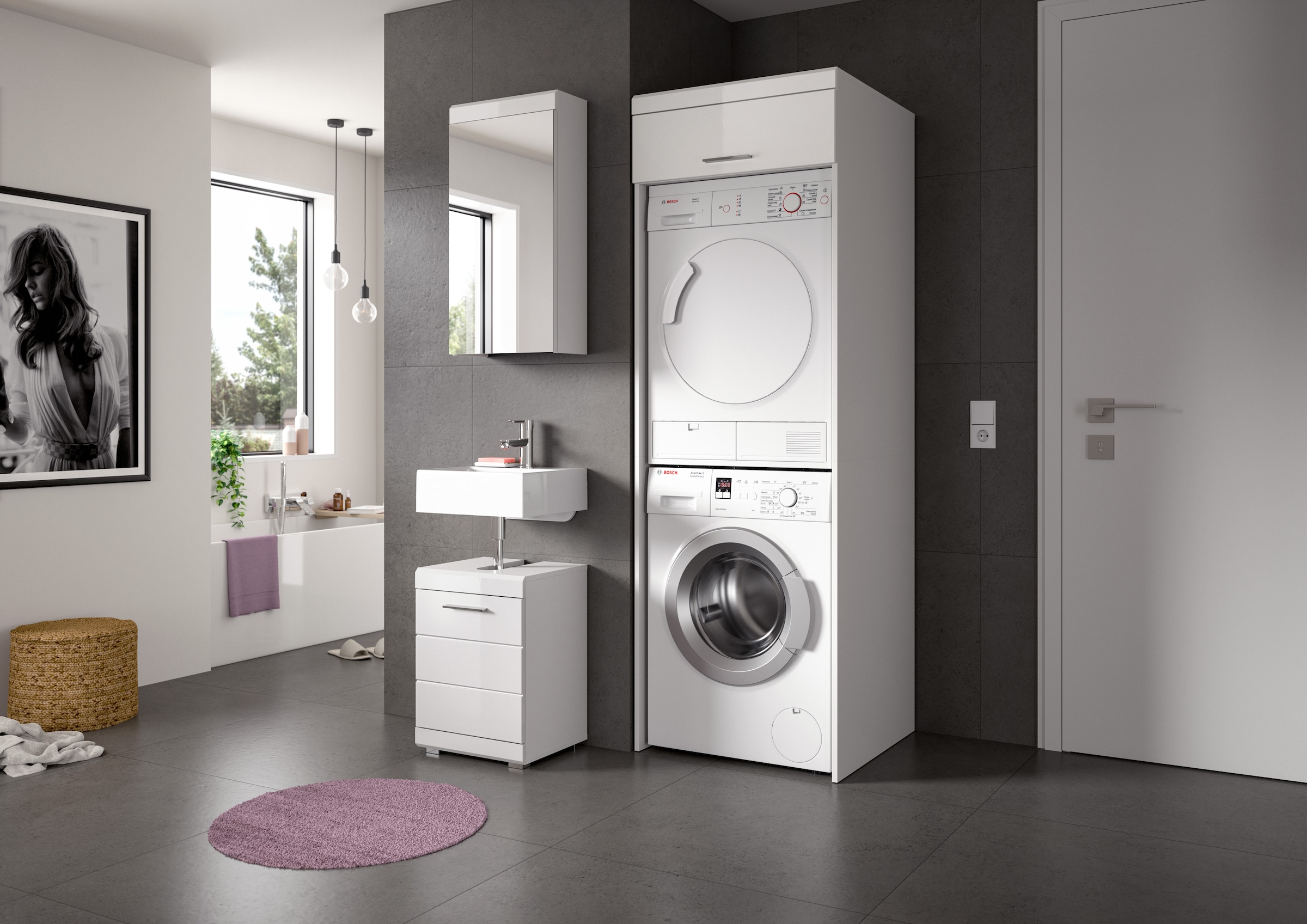 welltime Ensemble de meubles de salle de bain »SIENA, 3-tlg., WBU, Spiegelschrank & Waschmaschinenschrank, MDF-Front«