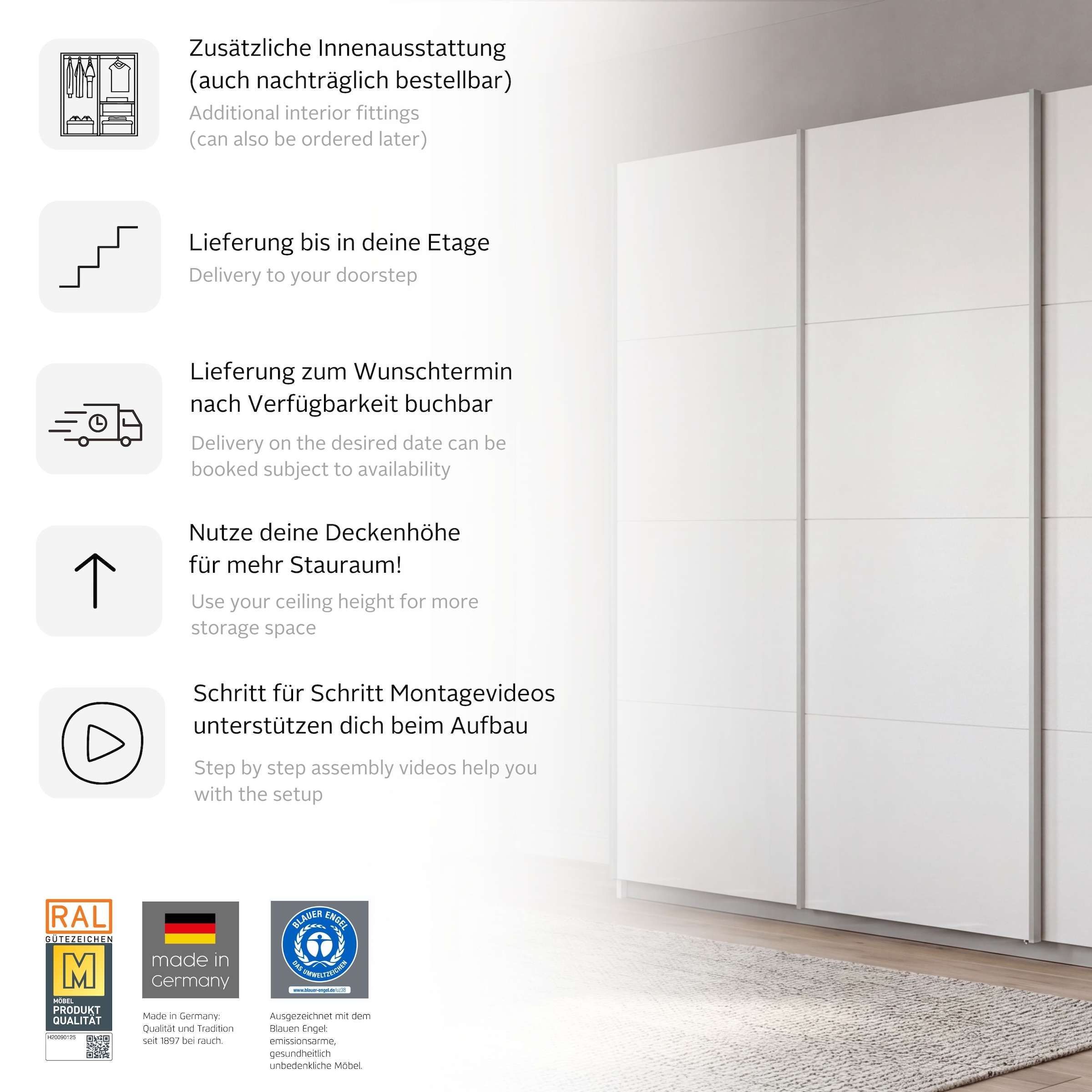 rauch Kleiderschrank »Mehrzweckschrank Aktenschrank Möbel Mietswohnung Schlafzimmer KOLUNA« 3 Ausstattungen BASIC/CLASSIC/PREMIUM (inkl. SOFT-CLOSE-FUNKTION),  Breiten 203/271/315/360 cm Höhen 210/229 Glas-Front MADE IN GERMANY