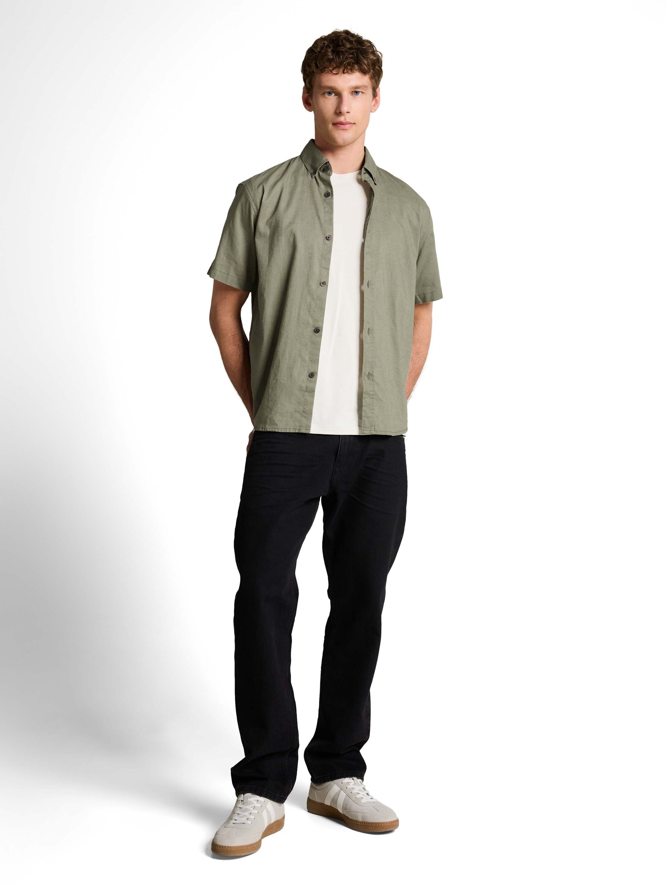 TOM TAILOR Denim Kurzarmshirt mit Leinen und Button-Down-Kragen
