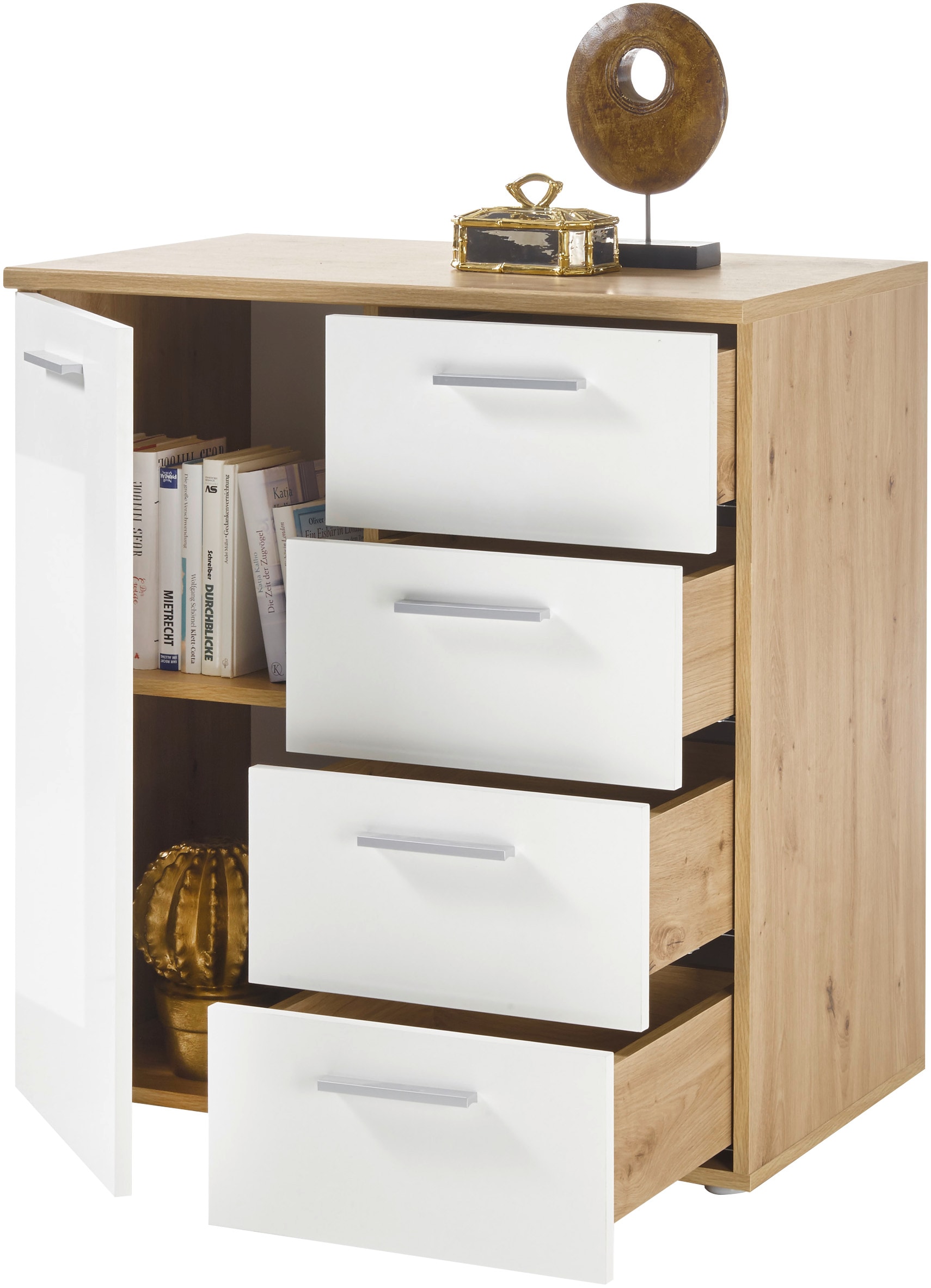 HBZ Commode »Pablo weiss Glanz, BxHxT 80x84x50 cm« Kommode mit 1 Tür, 4 Schubkästen, 1 Einlegeboden verstellbar