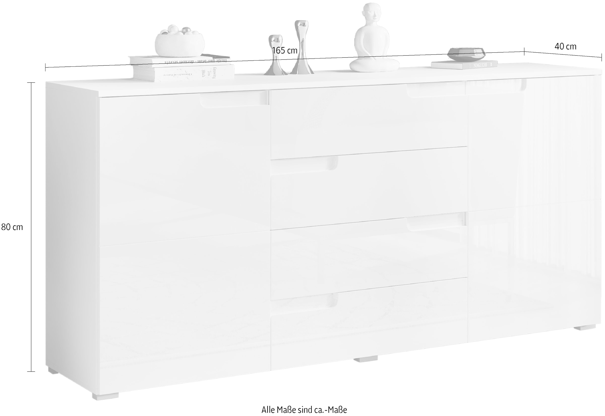 HBZ Sideboard »Spice weiss Hochglanz, Wohnzimmerschrank BxHxT 165x80x40 cm«, (1 St.), Mit 2 Türen, 4 Schubkästen, 2 Einlegeböden verstellbar