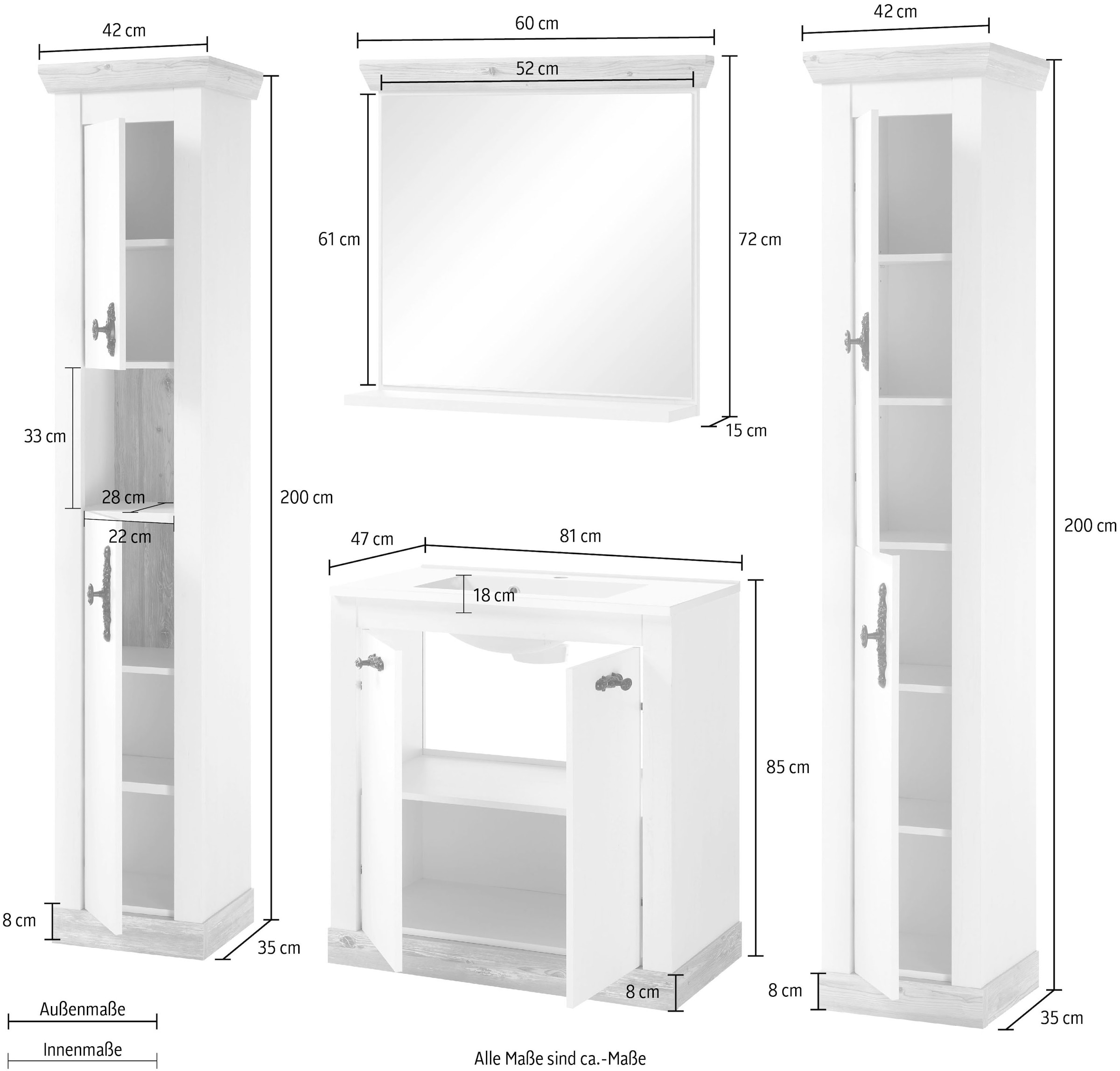 Home affaire Badmöbel-Set »Florenz, Bad im Landhausstil, 4-teiliges Badezimmer«, (4 St.), Waschtisch, Schränke und Spiegel mit Ablage, in Pinie Weiss, Stauraum