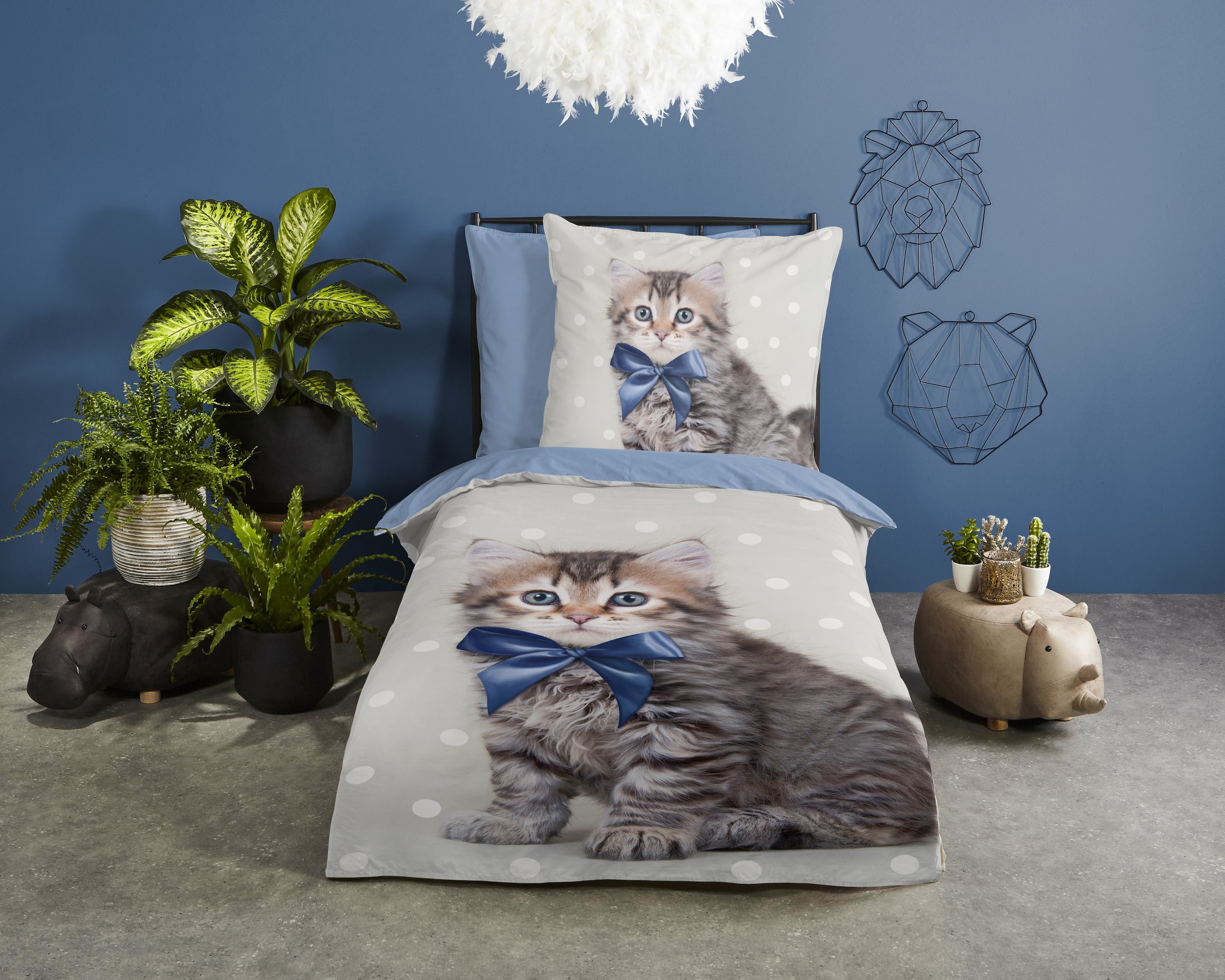 good morning Kinderbettwäsche »Mae«, 100% Baumwolle, 135x200, Reissverschluss, Wende, Kind, Katze, Blau Grau