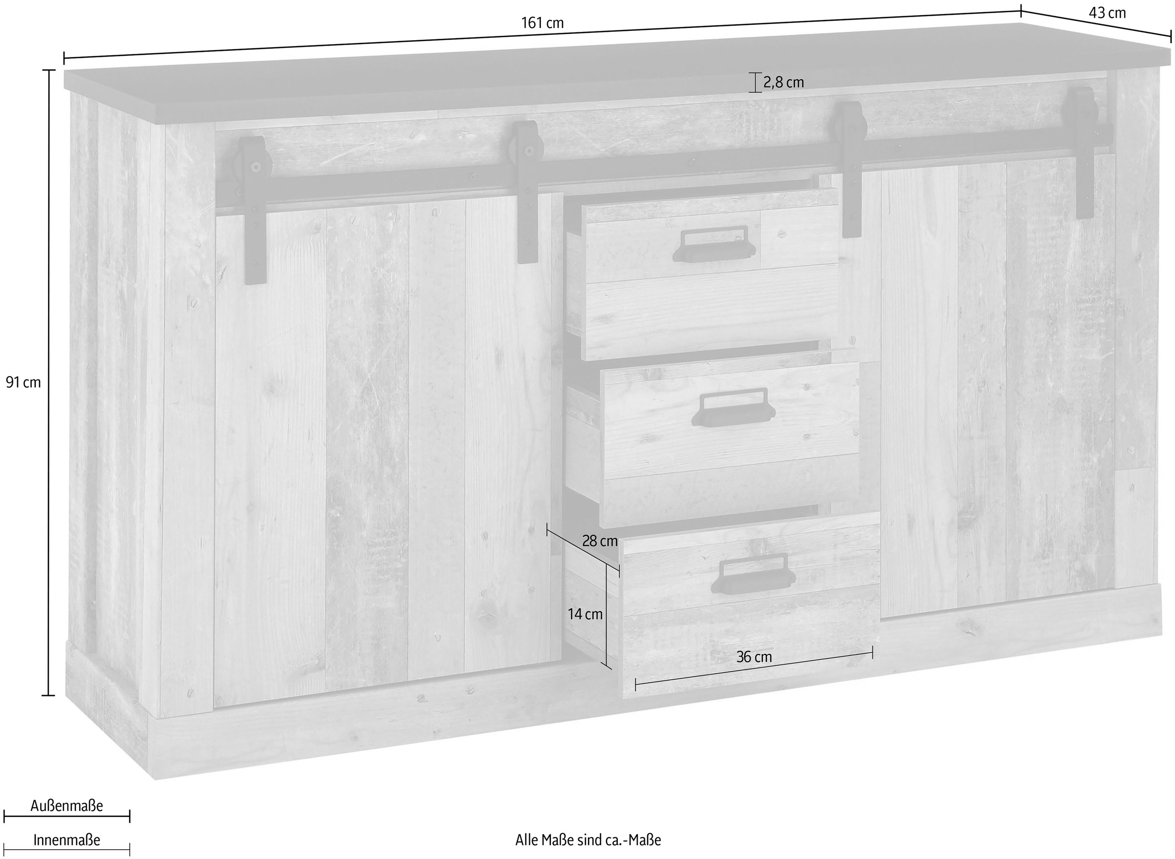 Home affaire Sideboard »SHERWOOD«, Holz Dekor, mit Scheunentorbeschlag und Apothekergriffen, Breite 161cm
