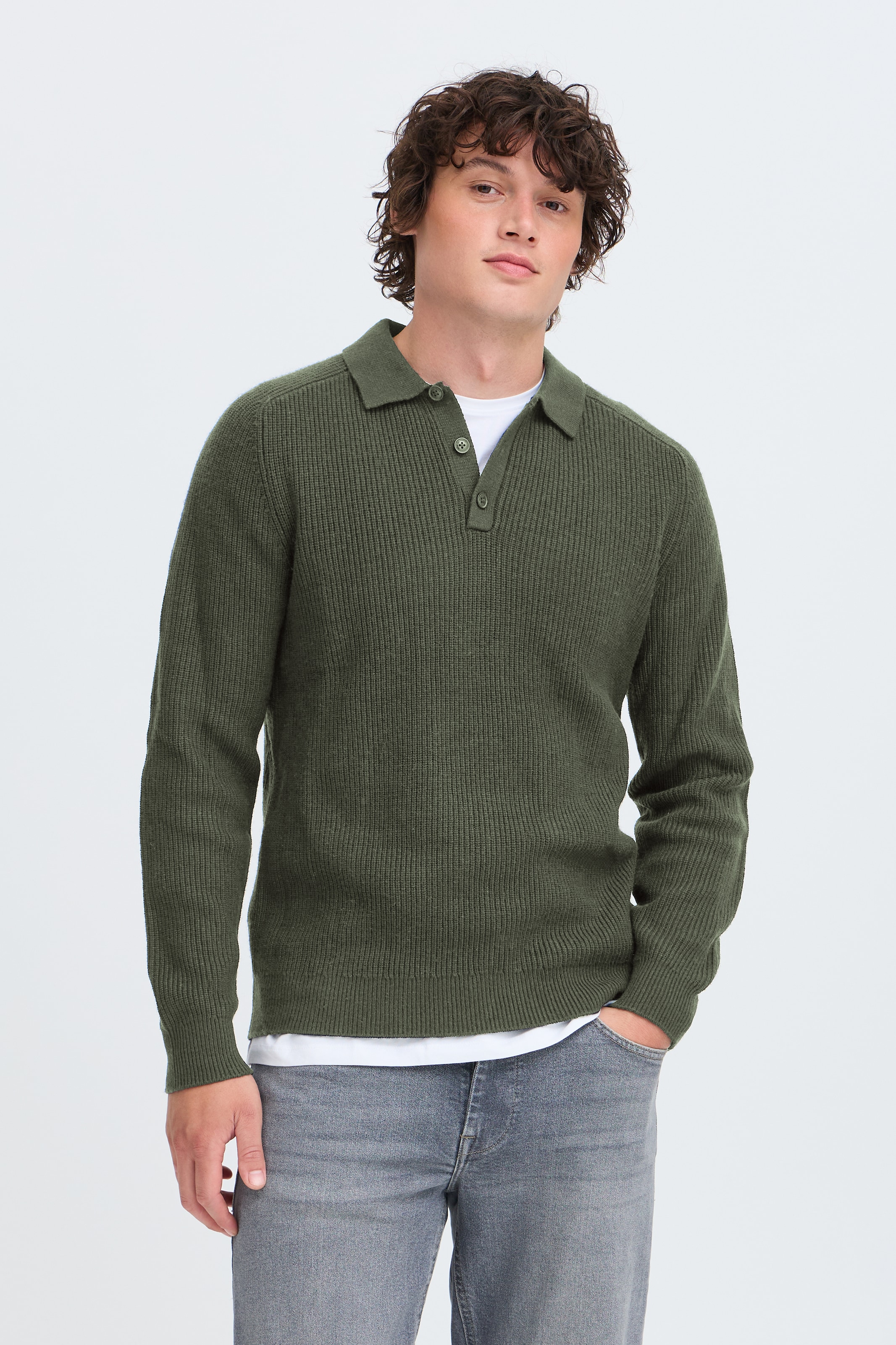 Image of Blend Rundhalspullover "BHBOS KNIT POLO" Materialmix, regular fit