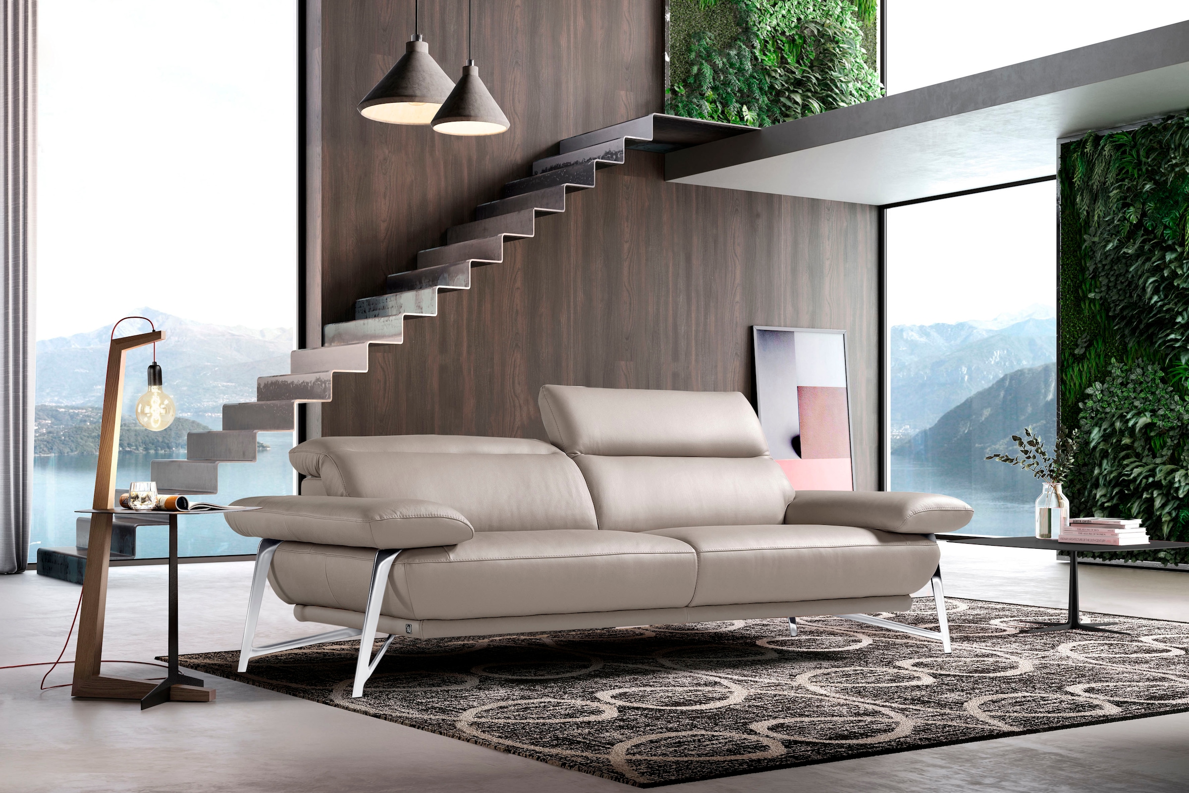 Image of Egoitaliano 2,5-Sitzer "Anais, Designsofa mit erstklassigem Sitzkomfort, Fussfarbe chrom" Kopfteil verstellbar, 232 cm, Leder CAREZZA, grau