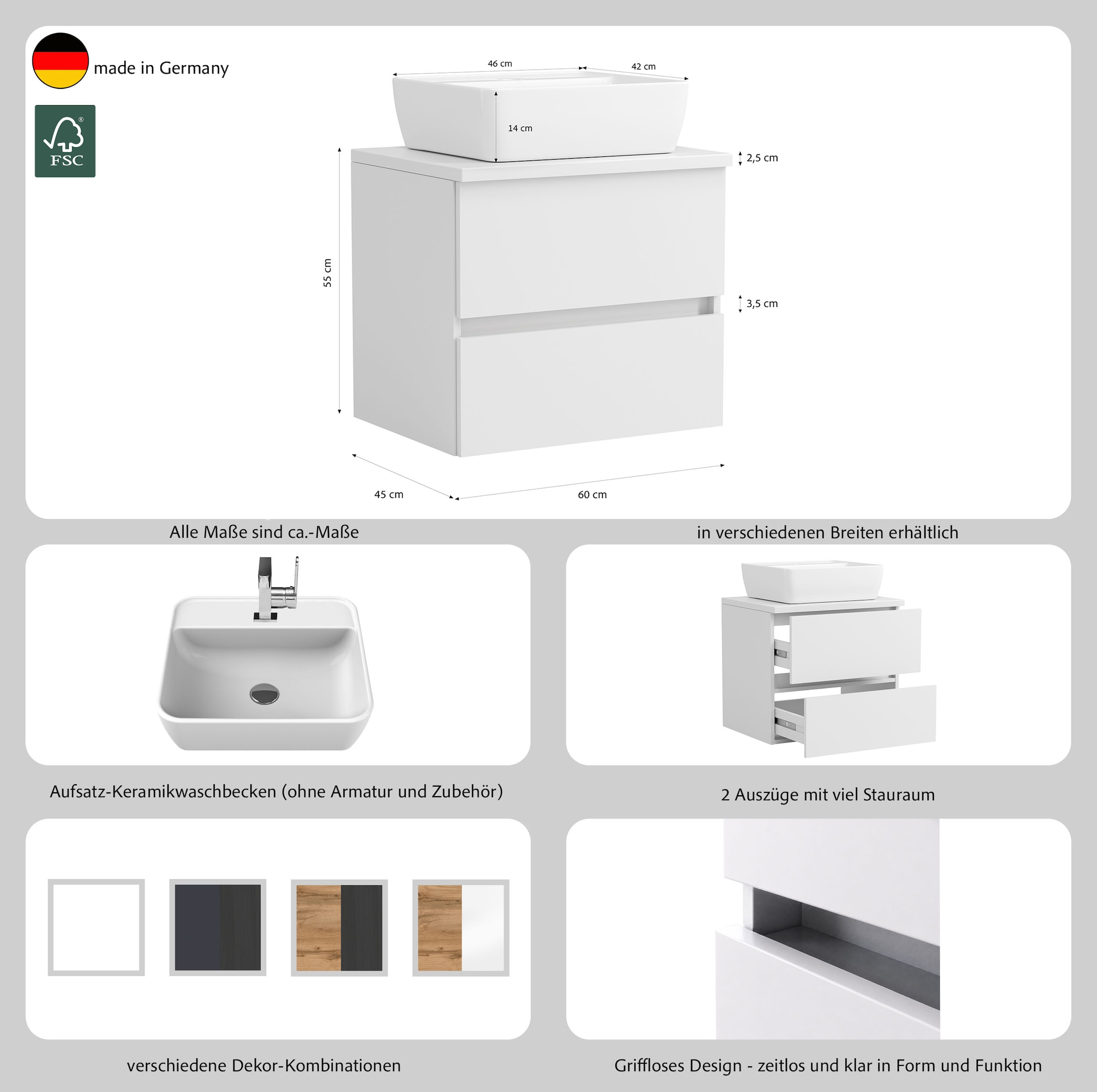 GOODproduct »BOZEN, Aufsatz-Waschtisch mit Keramkbecken« Aufsatz-Keramkibecken, grifflose Front