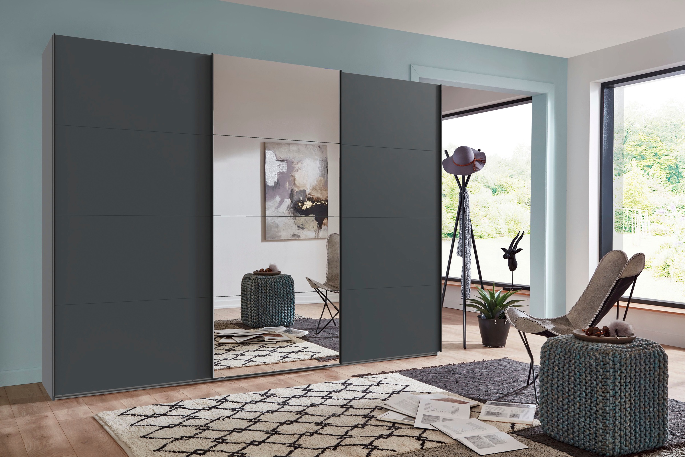 Wimex Kleiderschrank »Mugano, Made in Germany, Lieferung bis in Deine Etage und Stellort«, (wähle Deine Ausstattung: Basic oder Premium!), 3 Schwebetüren, grosse Grössen, mit oder ohne Spiegel, Metallgriffe