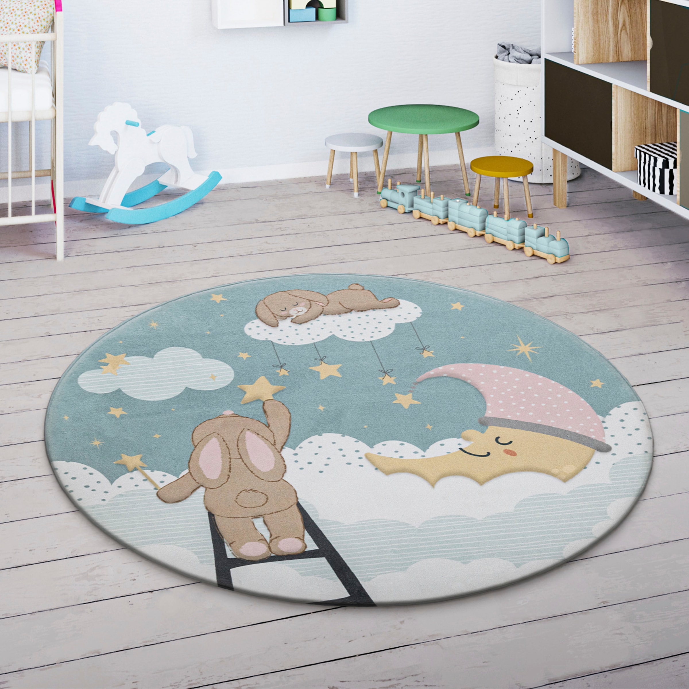 Paco Home Kinderteppich »Chicos 563«, rund, 4 mm Höhe, Flachgewebe, Spielteppich, Motiv Mond, Kinderzimmer