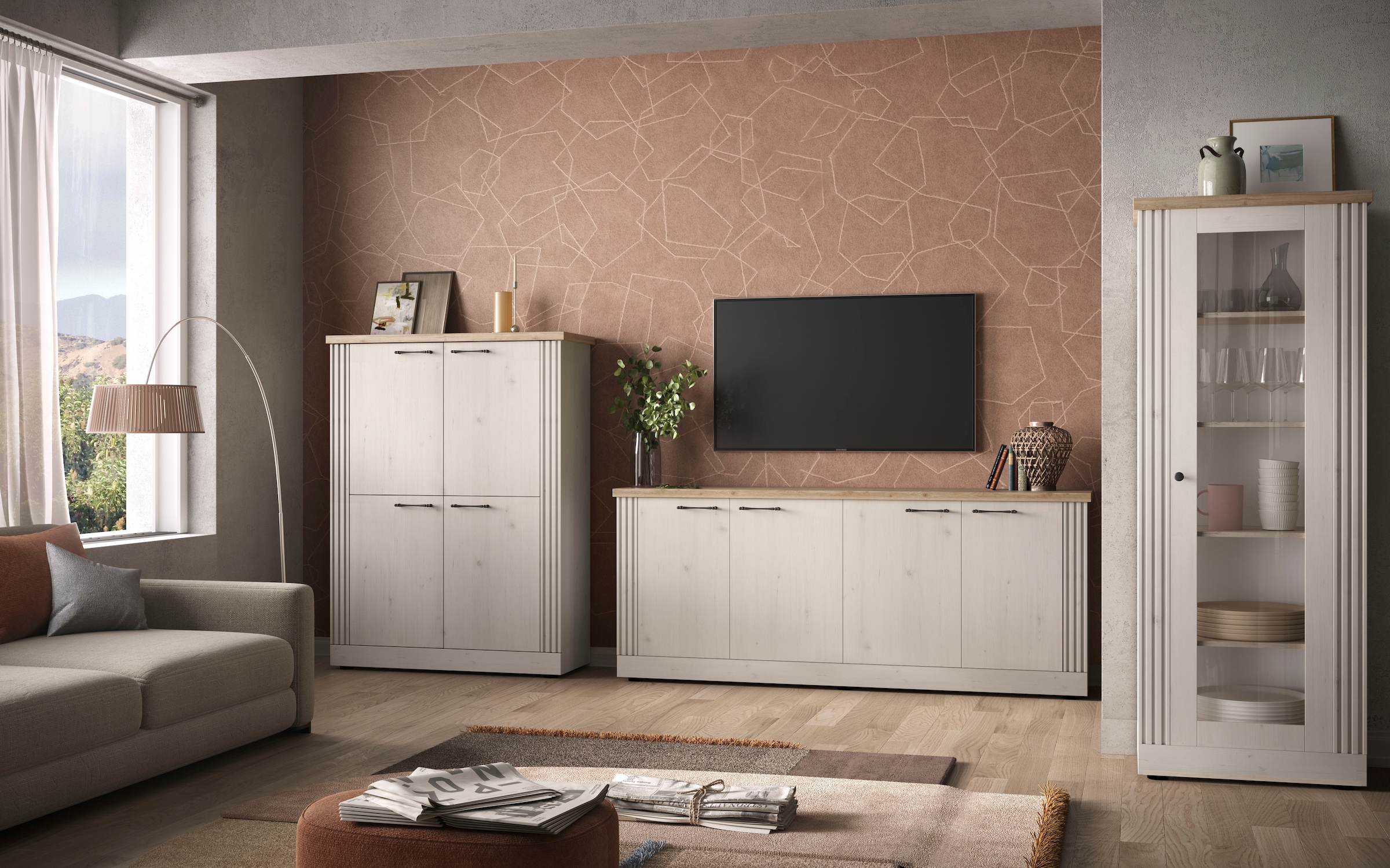 Home affaire Highboard »Country Höhe 160 cm u. Breite 118 cm, Kommode mit 4 Türen,«, Schrank im Landhausstil, viel Stauraum, mit Metallgriffe, MDF-Rahmen