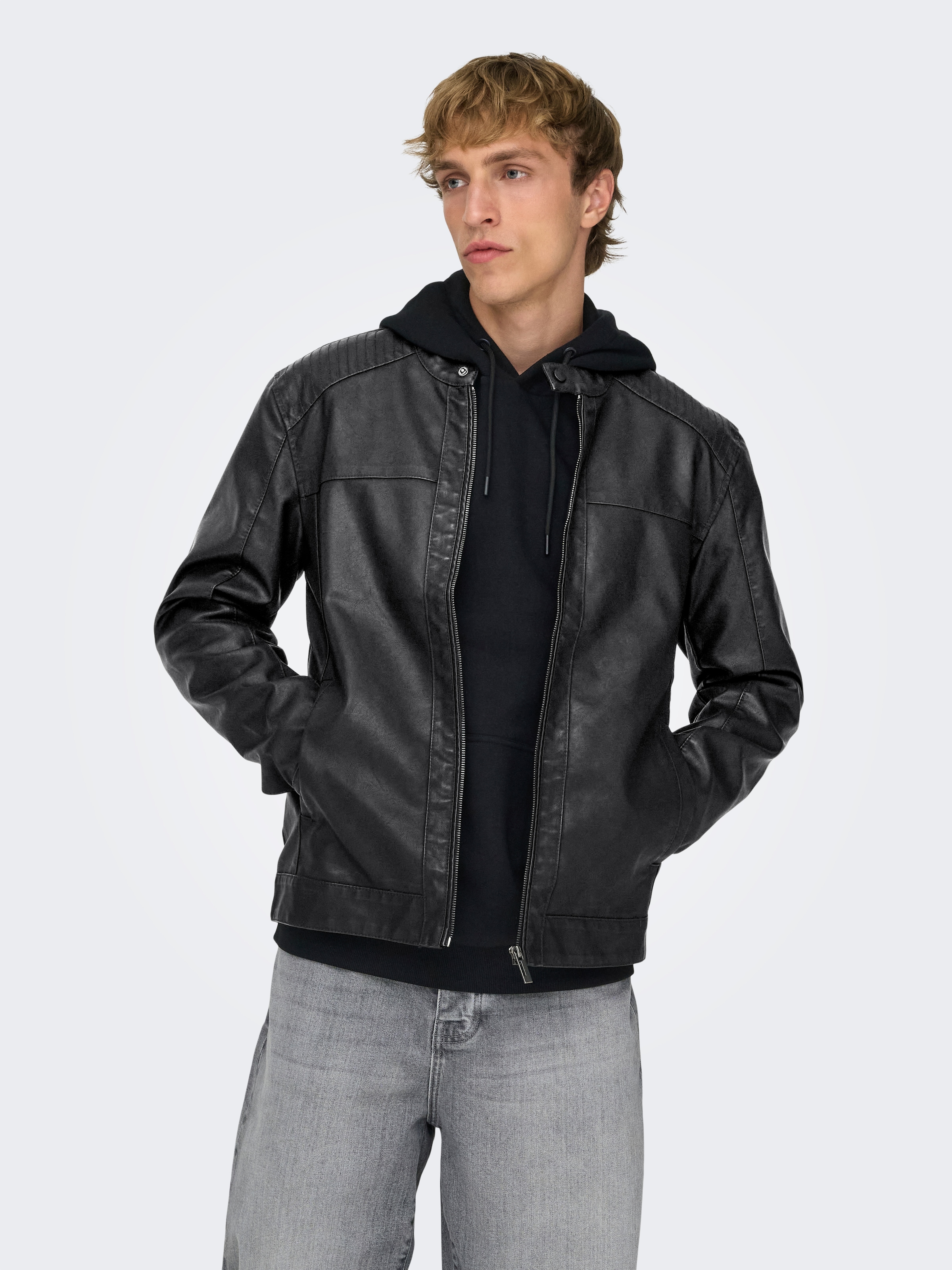Image of ONLY & SONS Bikerjacke "MIKE PU RACER JACKET" ohne Kapuze