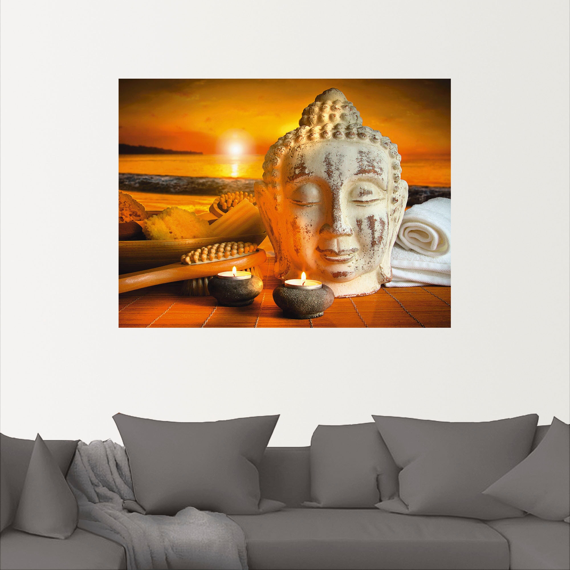 Artland Wandbild »Bad-Zubehör mit Buddha-Statue«, Religion, (1 St.), als Alubild, Outdoorbild, Leinwandbild, Wandaufkleber, versch. Grössen