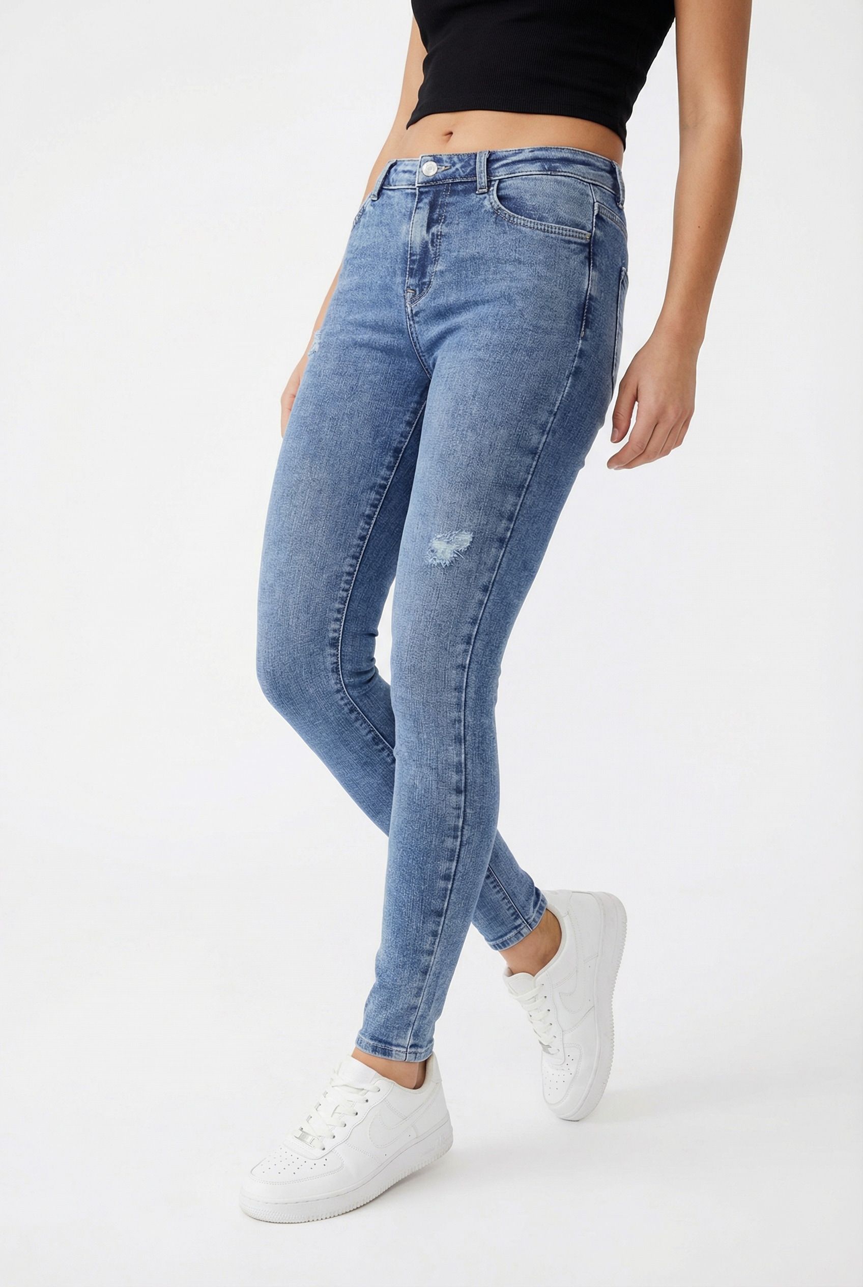 Image of ONLY Skinny-fit-Jeans "ONLPOWER MID WASIST PUSH UP AZ" mit Destroyed-Details