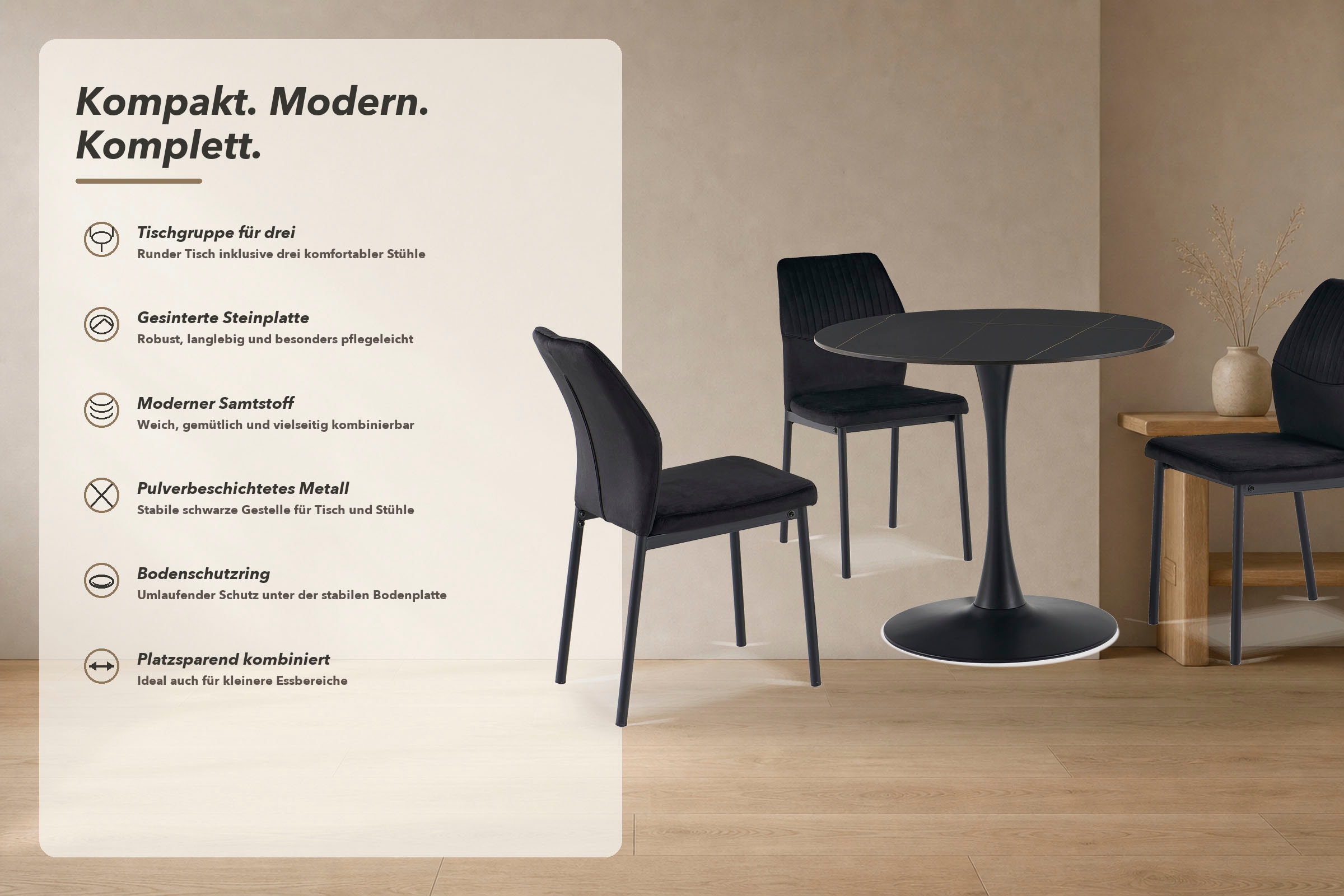 GOODproduct Ensemble de salle à manger »Freya, Set, 4-tlg.« Ensemble, 4 tlg. Table à manger ronde 90 cm en pierre frittée, cuivre noir avec 3 chaises en velours