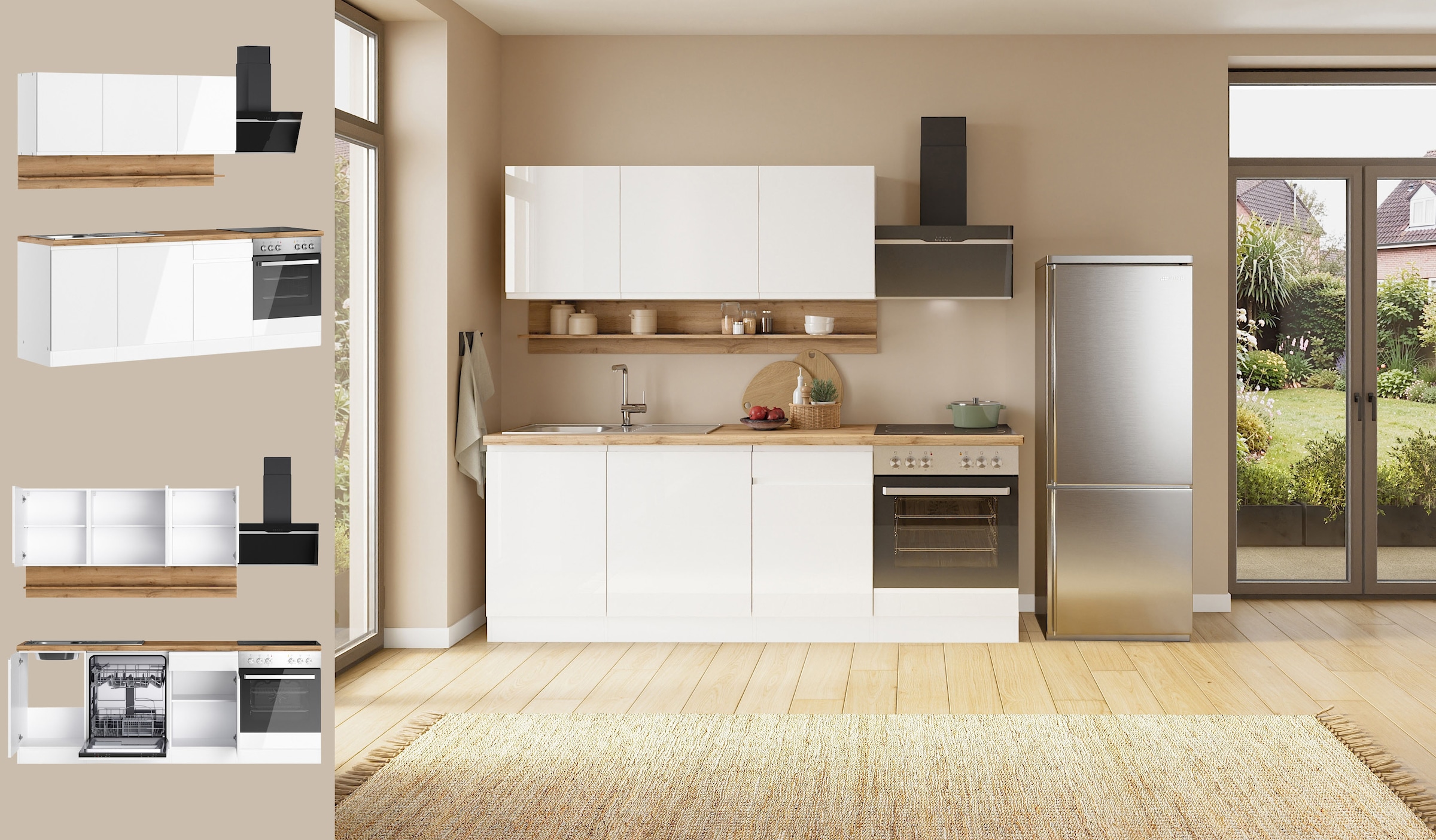 KOCHSTATION Kitchenette »KS-Virginia,neu in verbesserter Ausführung« plan de travail épaisseur 38 mm, rangement, fermeture douce,  largeur 220 cm, soft-close, avec appareils électroménagers en option