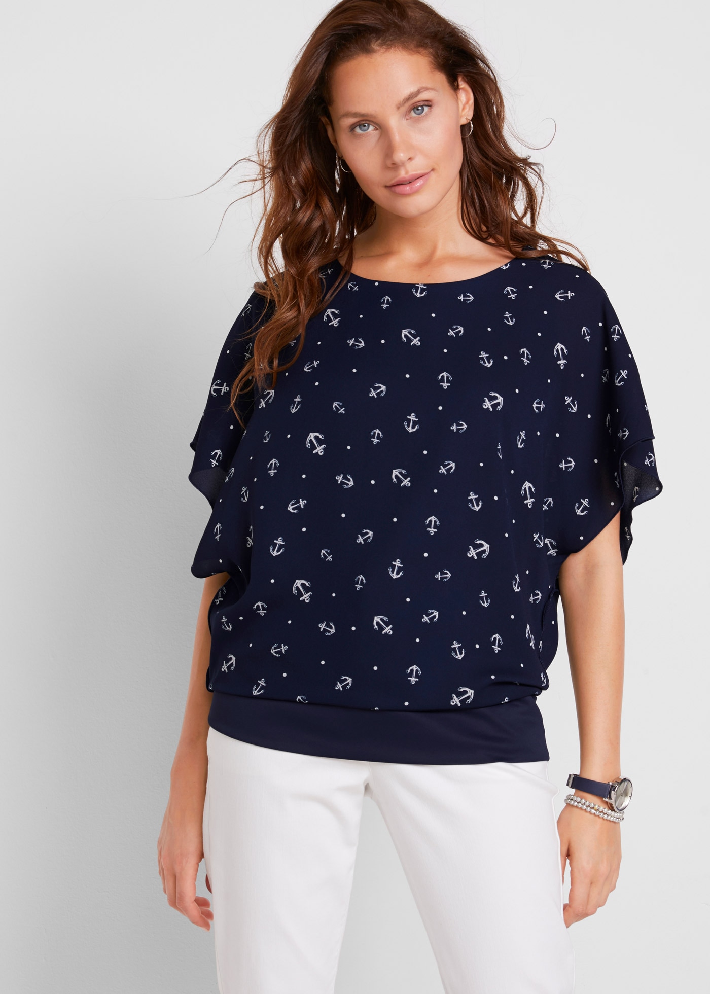 Image of bonprix Shirtbluse lockere Passform, maritimer Allover-Print, angesetztes Taillenbündchen