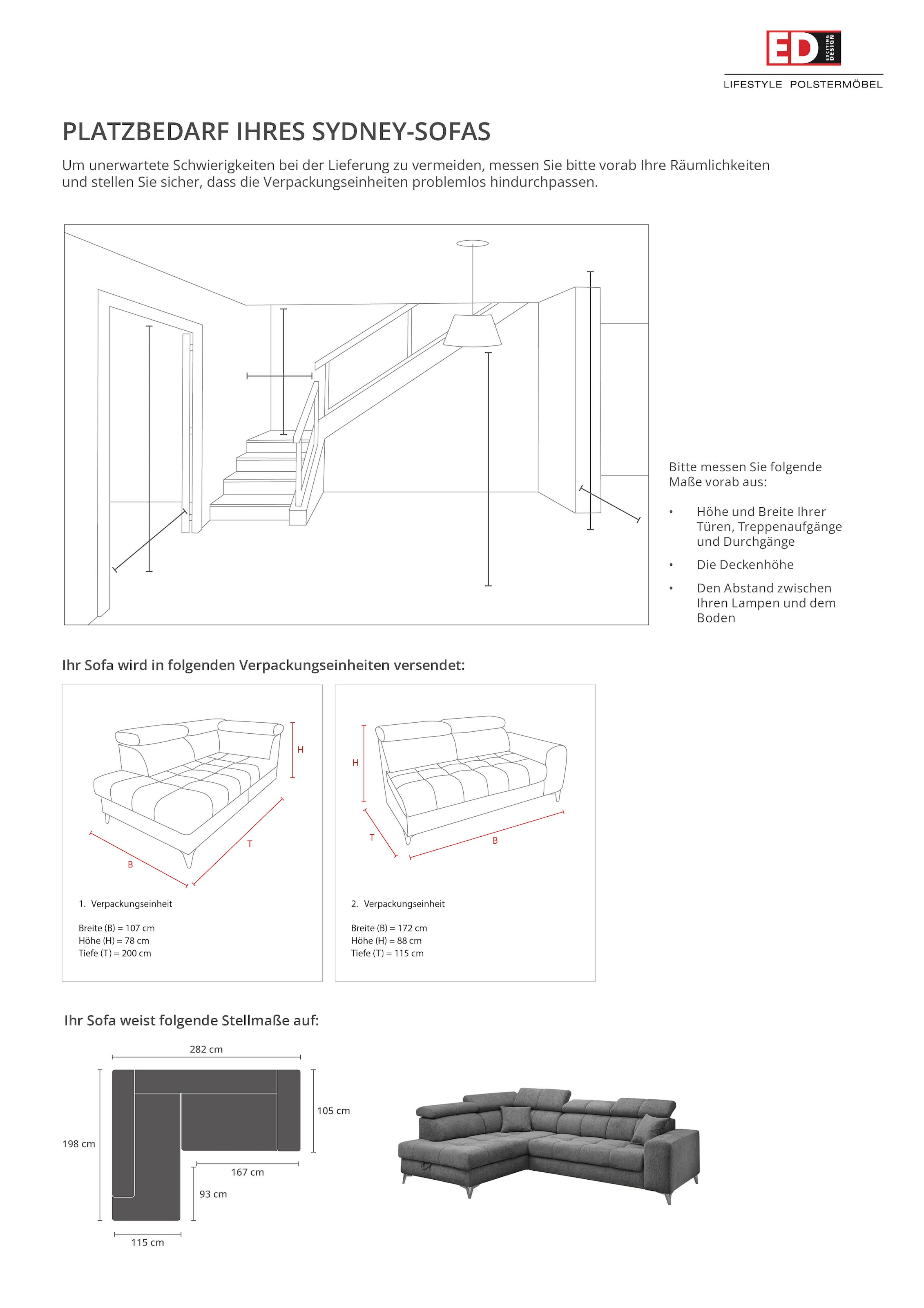 ED EXCITING DESIGN Ecksofa »Sydney L-Form« motorischer Sitztiefenverstellung, USB-Port & 2 Zierkissen