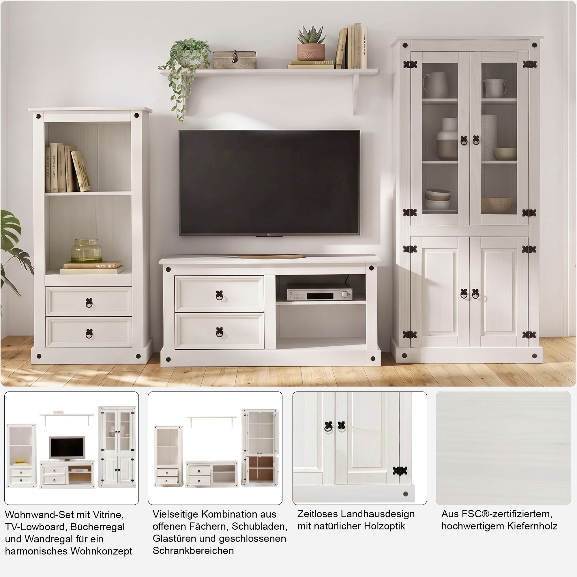 GOODproduct Wohnwand »Mexiko Vitrine, Regal und TV-Board mit Metallgriffen« Set, 3 Stk. tlg.