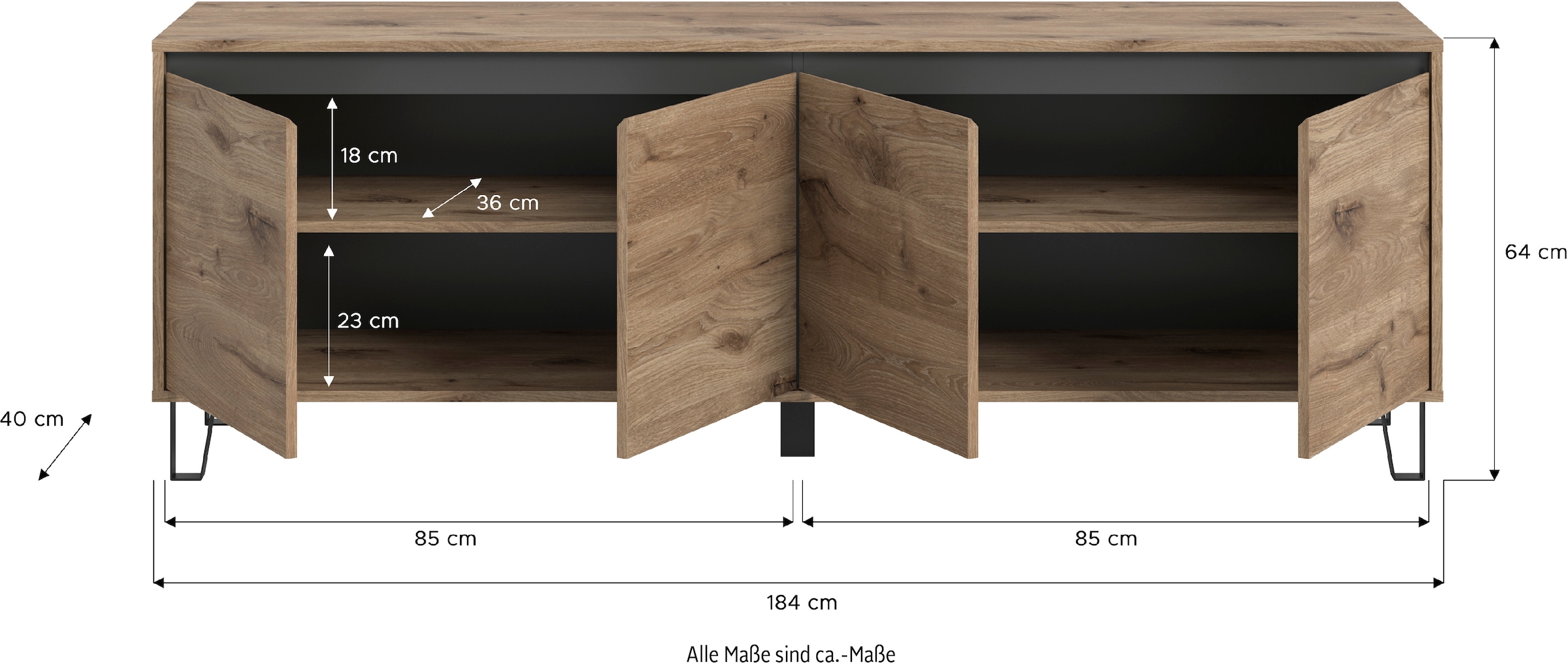 Home affaire Lowboard »BALTIC, Breite 184cm, grifflose Fronten, Metall-Füsse,4 Türen, 4 Fächer« TV-Möbel, TV-Schrank, TV-Lowboard, Mediaboard