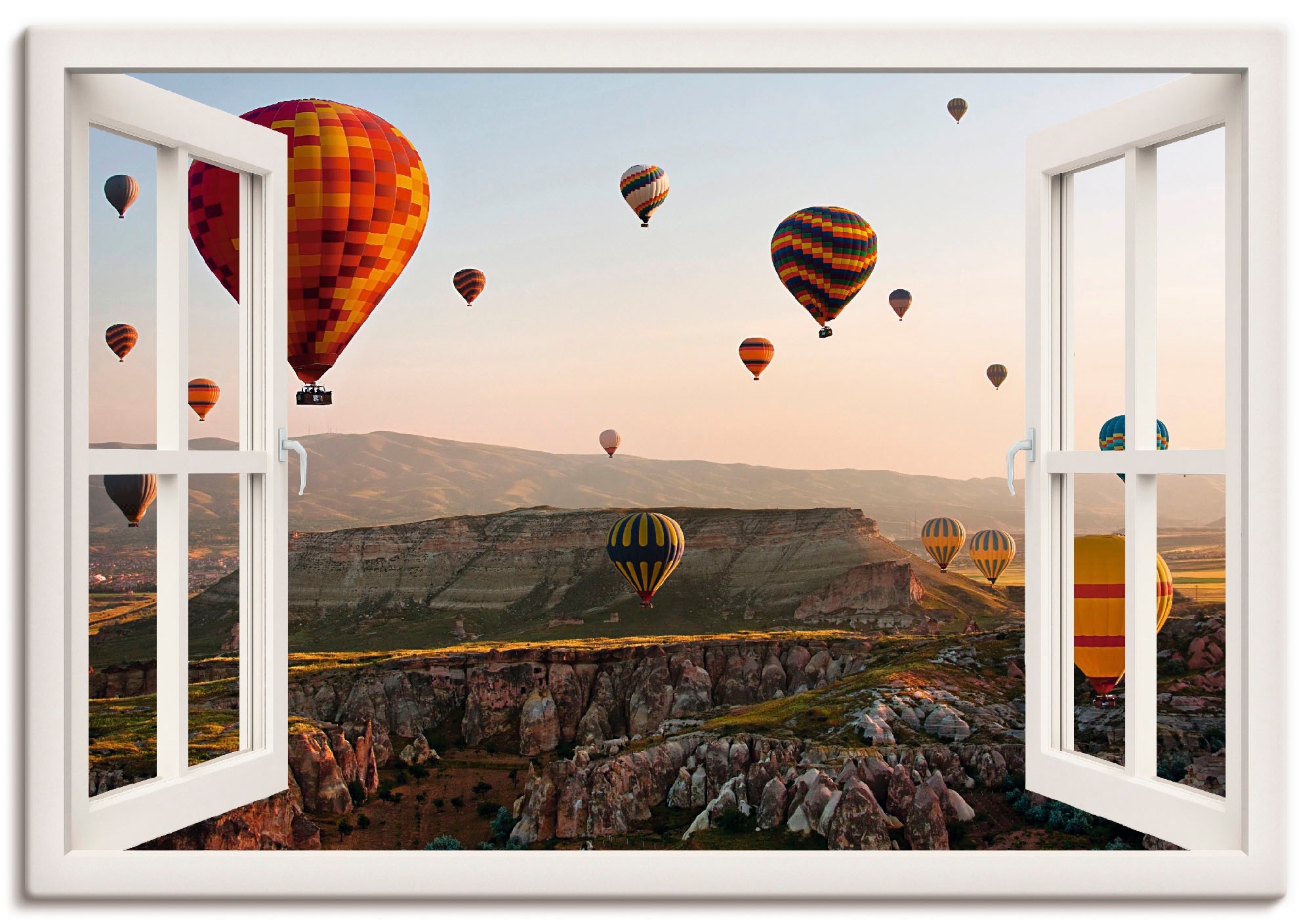 Image of Artland Wandbild »Fensterblick Kappadokien Ballonfahrt«, Ballonfahren, (1 St.), in vielen Grössen & Produktarten - Alubild / Outdoorbild für den Aussenbereich, Leinwandbild, Poster, Wandaufkleber / Wandtattoo auch für Badezimmer geeignet bei Ackermann Ver