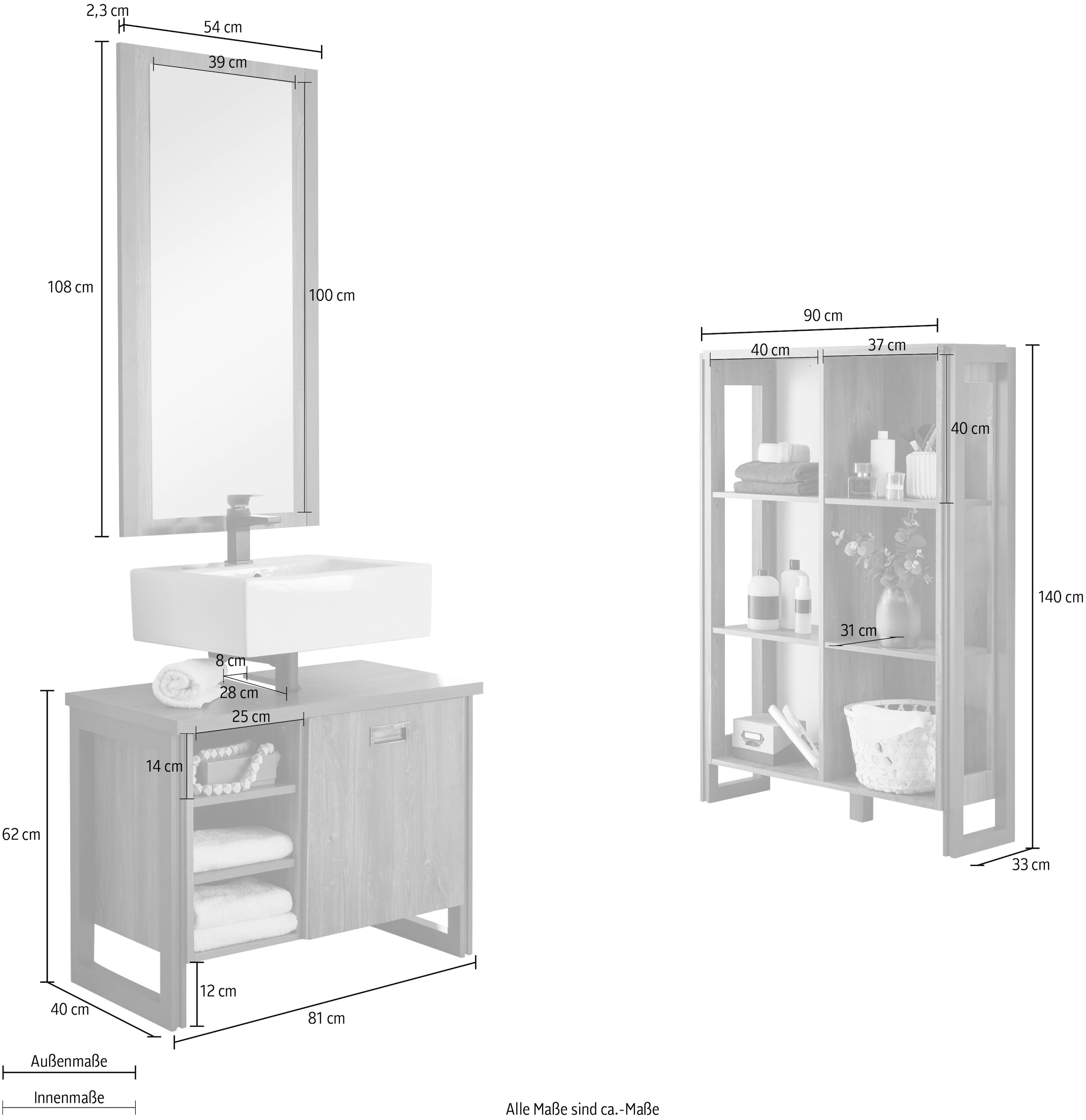 Home affaire Badmöbel-Set »Detroit, Bad im Industrialdesign, 3-teiliges Badezimmer«, (Set, 3 St.), Unterschrank, Regal & Spiegel, holzfarben, offene Fächer & Stauraum