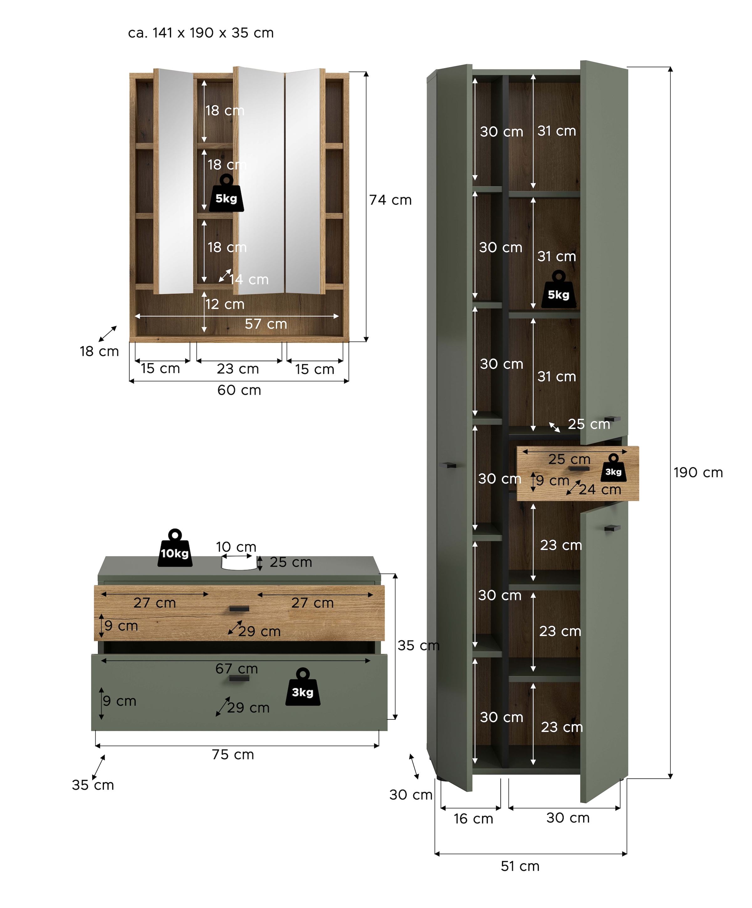welltime Ensemble de meubles de salle de bain »VANN, 3-teilige moderne Badkombination, individuell stellbar« 1x Waschbeckenunterschrank, 1x Spiegelschrank, 1x Hochschrank, 3 cuis tlg.