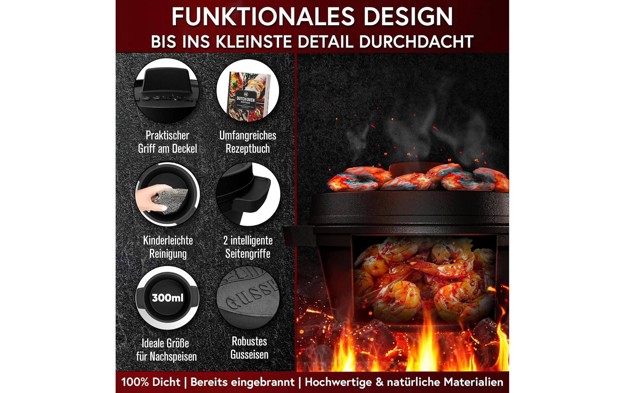   Marmite à barbecue »Gusskoenig Mini Dutch Set 4 Töpfe, Untersetzer« 8 cuis tlg. Set 4 Töpfe mit Holz-Untersetzern und Rezeptbuch