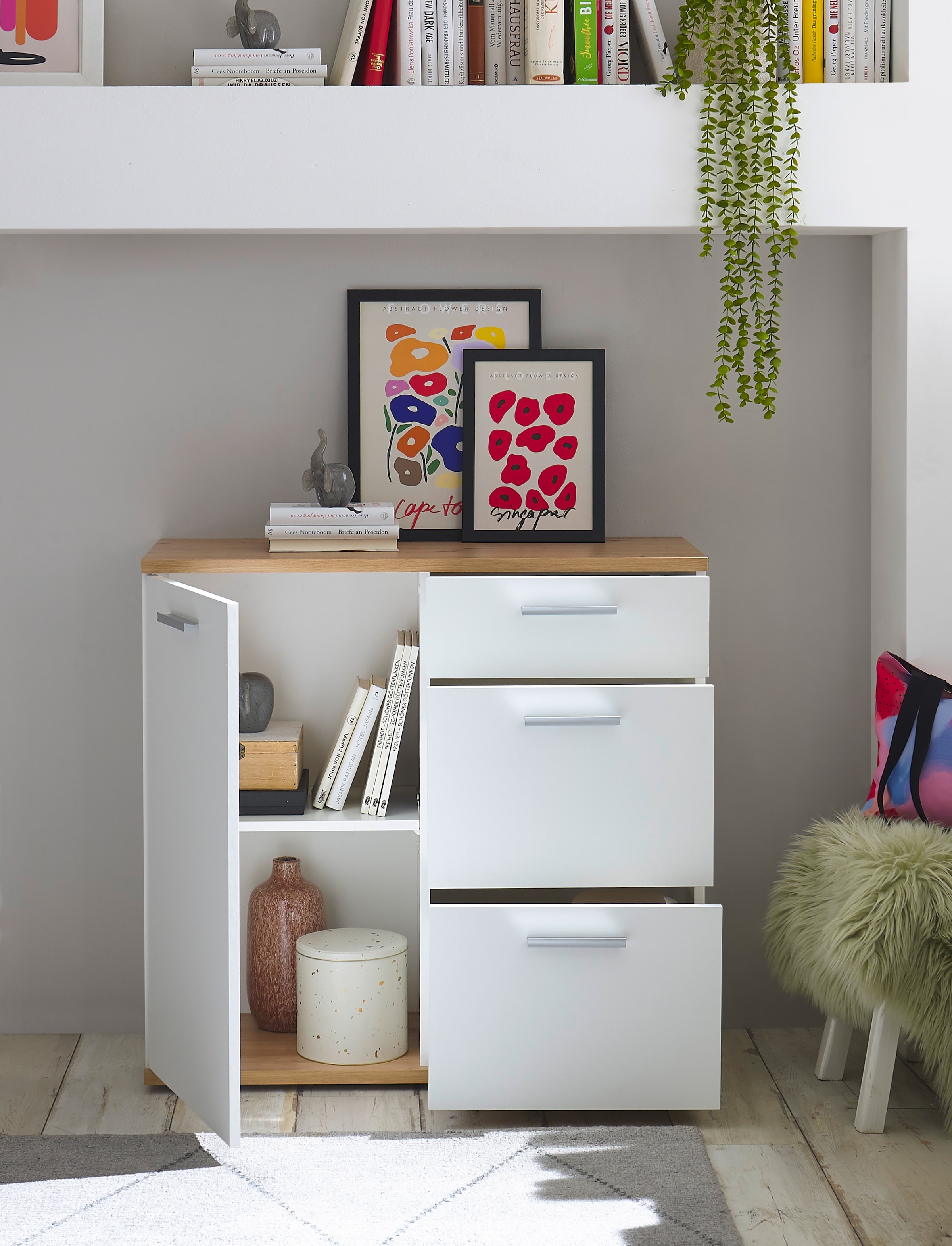 HBZ Kommode »BC1035 weiss matt, BxHxT 95x86x38 cm«, Kommode mit 1 Tür, 3 Schubkästen, 1 Einlegeboden