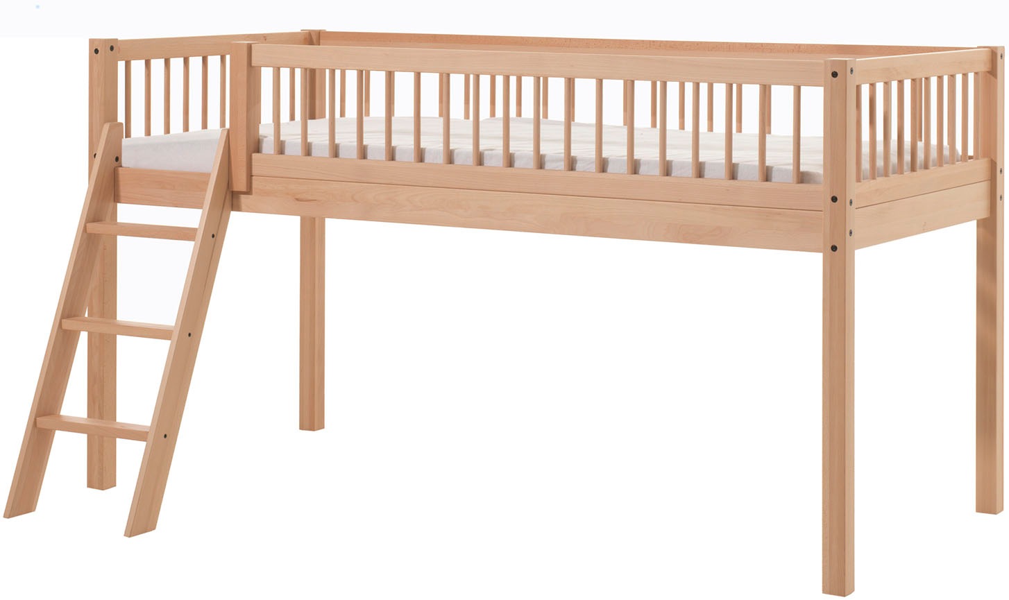 Image of Vipack Spielbett "Forrest, Absturzschutz mit Sprossen-Optik, Pfostenstärken ca. 50x50mm" Buche natur lackiert, stabil und hochwertig gebaut, inkl. Lattenrost, 90/200 cm, inkl. Vorhang-Set 3-tlg., Spielbereich unter dem Bett