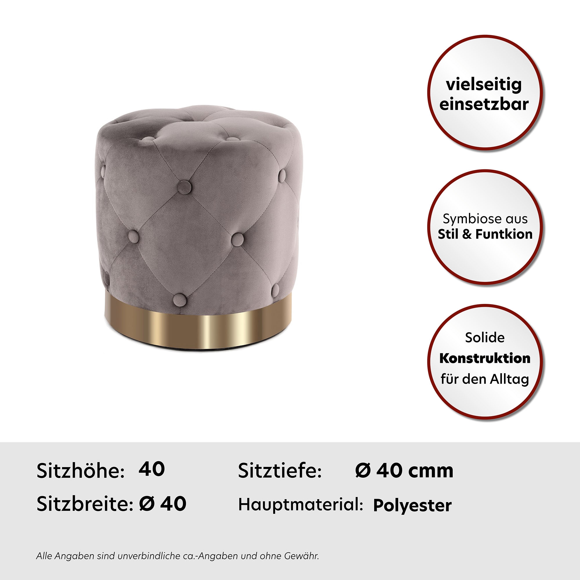 Kayoom Sitzhocker »Hocker Piano 225, in dekorativem Design, mit weichem Velvet-Bezug«, (1 St.), rund, glamourös, hochwertig, gesteppt, mit eingelassenen Dekoknöpfen