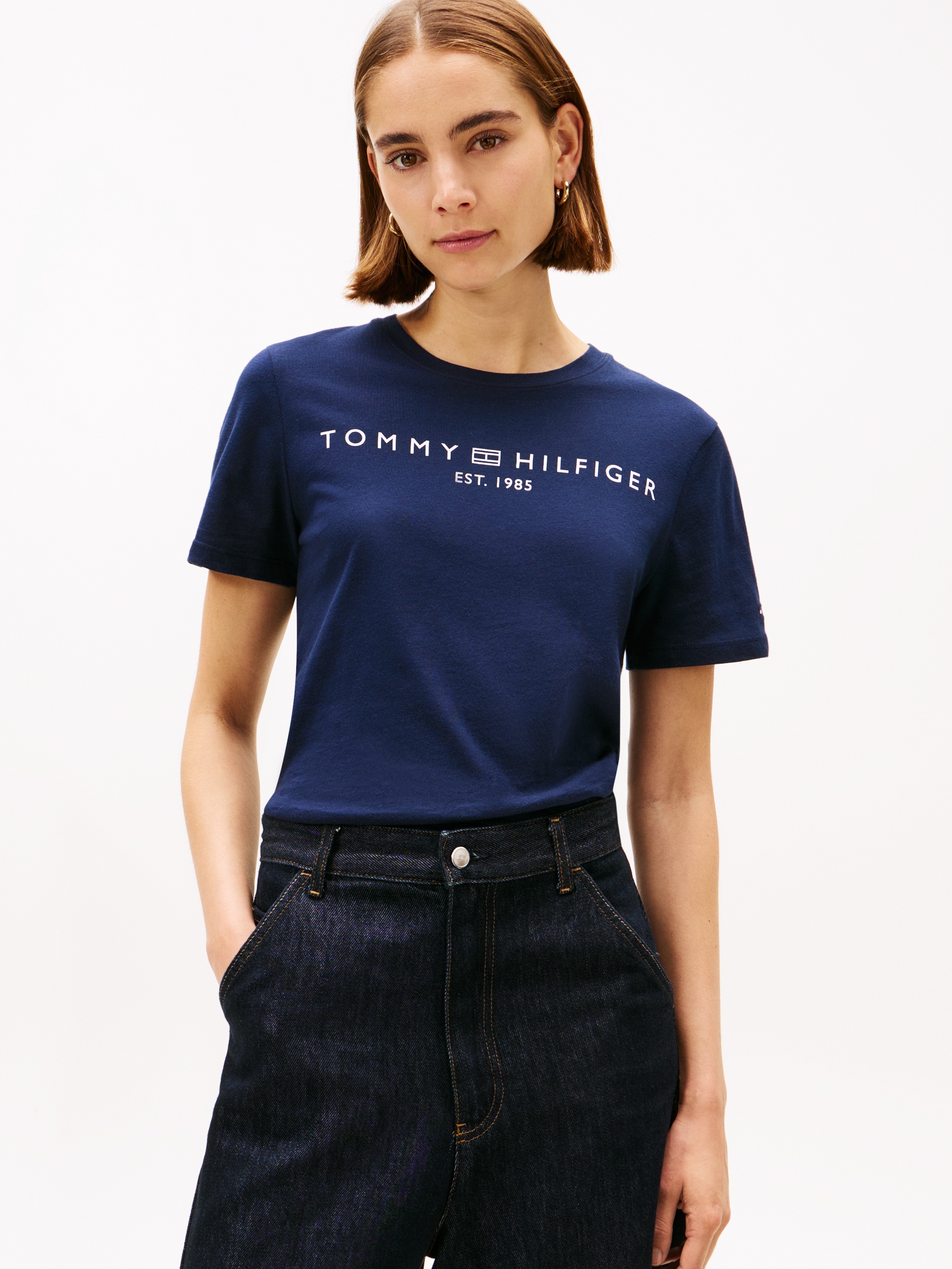 Tommy Hilfiger T-Shirt »REG CORP LOGO C-NK mit Logoschriftzug und Stickerei«, meliert, casual, regular fit, Baumwolle, Rundhals