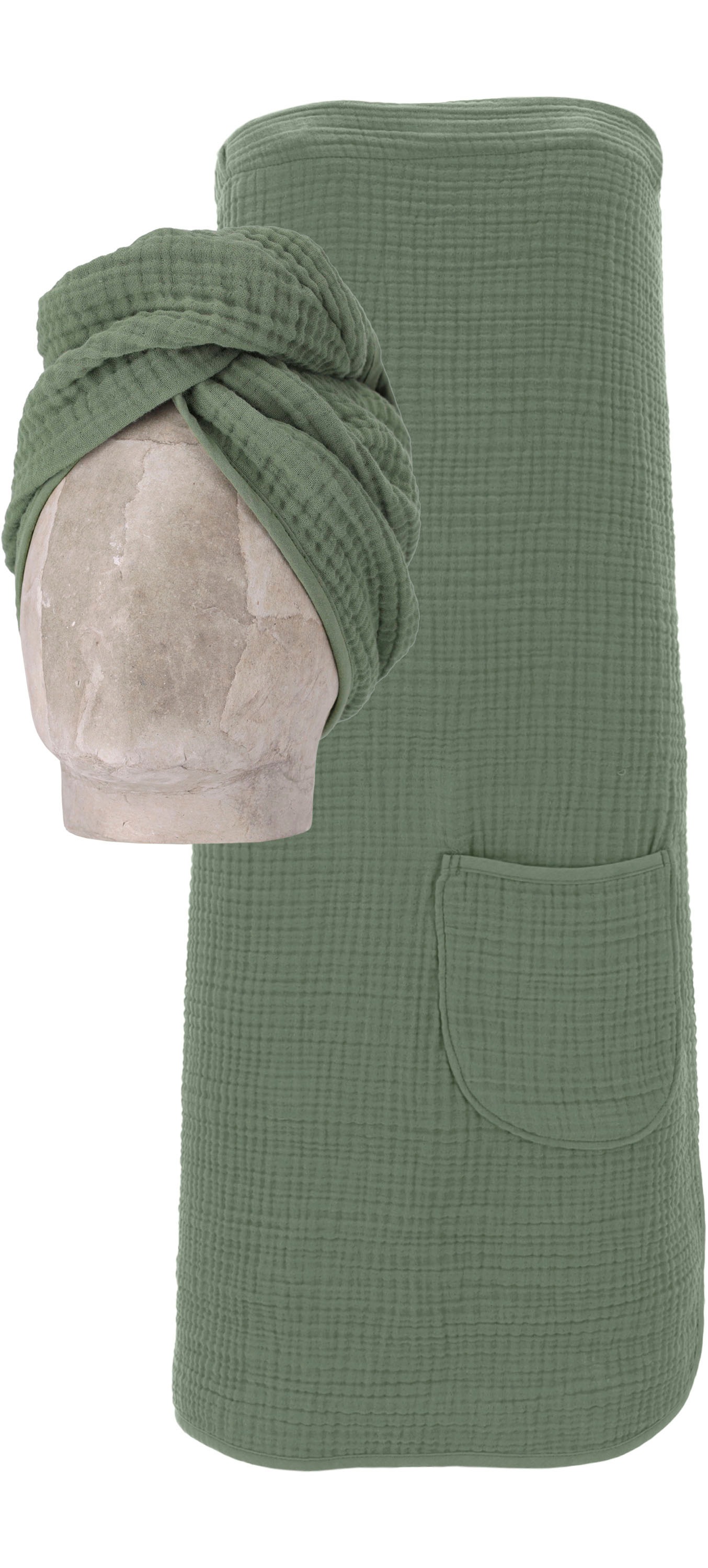 Image of Vossen Kilt "Wellness Set, ideal für Sauna & Spa, Hotelbademantel, Morgenmantel" Turban, 2 Stk. Musselin, 1 Spa Dress +1 Turban in einem Set inkl. Geschenkverpackung