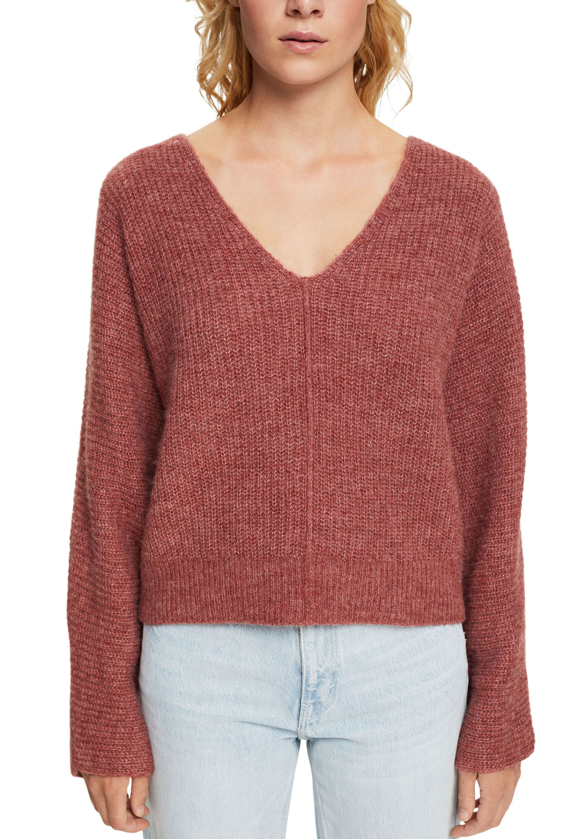 V-Ausschnitt-Pullover, mit Fledermausärmeln