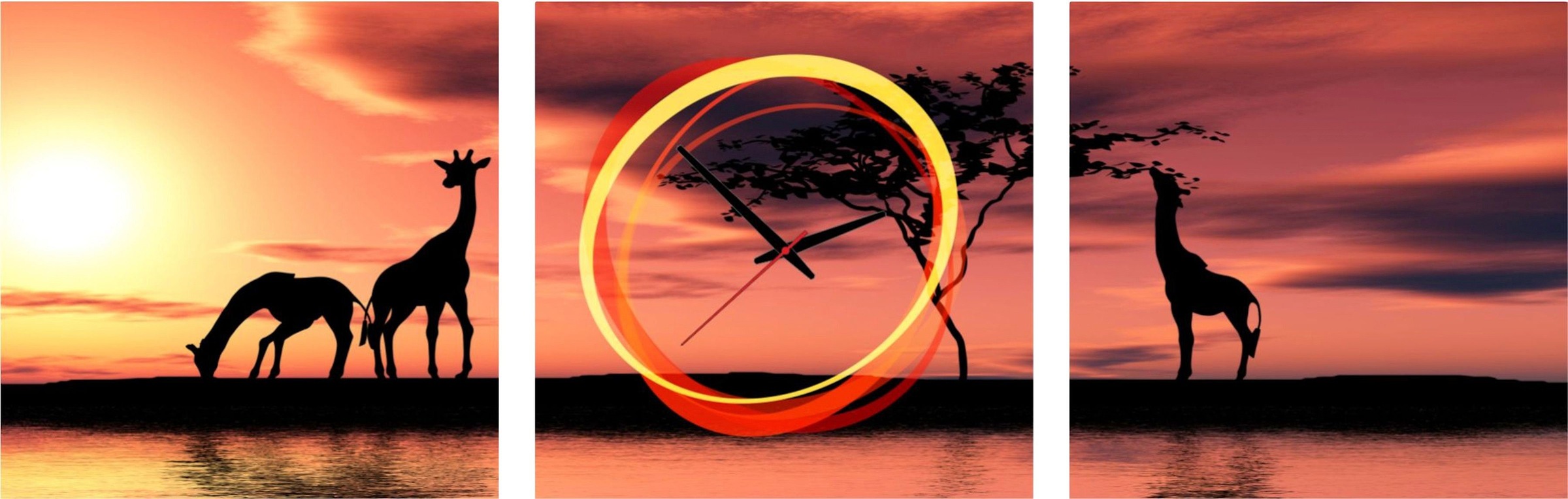 Image of Conni Oberkircher´s Bild mit Uhr »Girafes in the Sunset - Giraffen«, Giraffen, (Set, (Set 3), mit dekorativer Uhr, Wildtiere, Afrika, Sonnenuntergang bei Ackermann Versand Schweiz