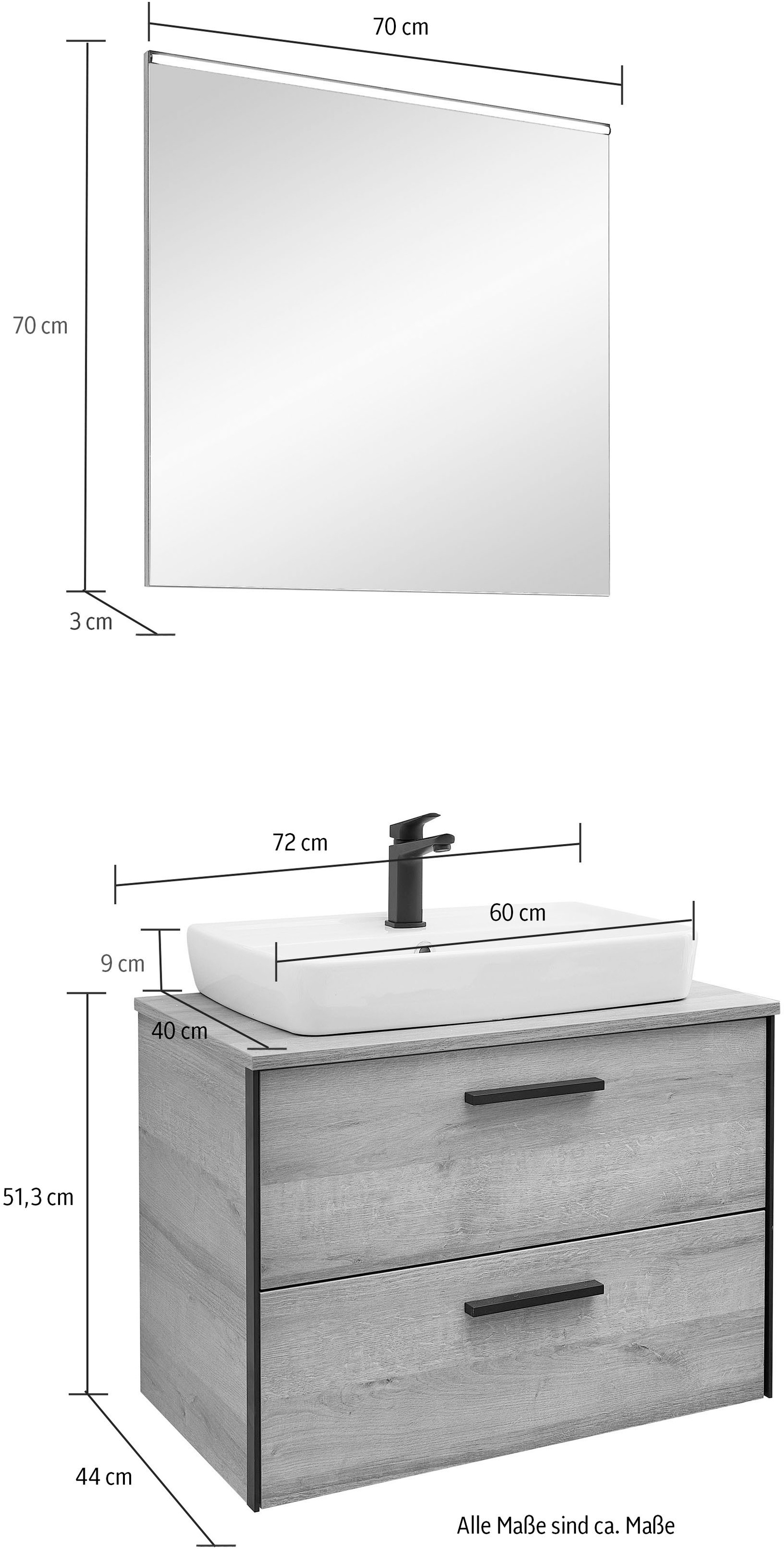 Saphir Ensemble de meubles de salle de bain »Quickset 395 2-teilig, Keramik-Aufsatzbecken mit LED-Spiegel« 4 cuis tlg.