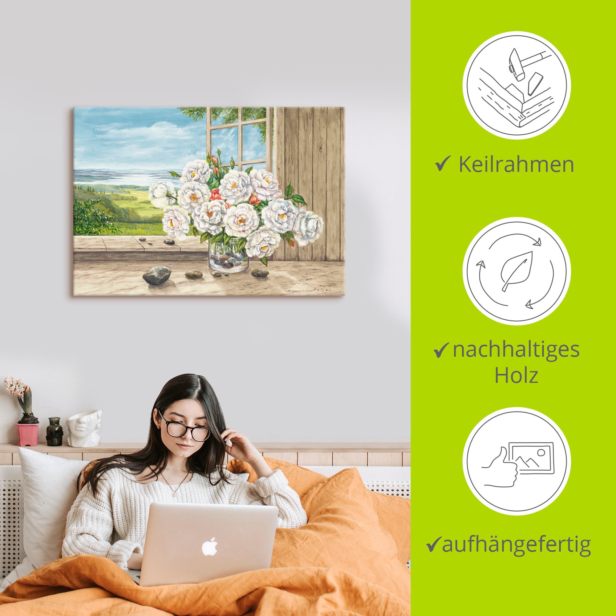 Artland Wandbild »Weisse Rosen am Fenster«, Blumen, (1 St.), als Alubild, Leinwandbild, Wandaufkleber oder Poster in versch. Grössen