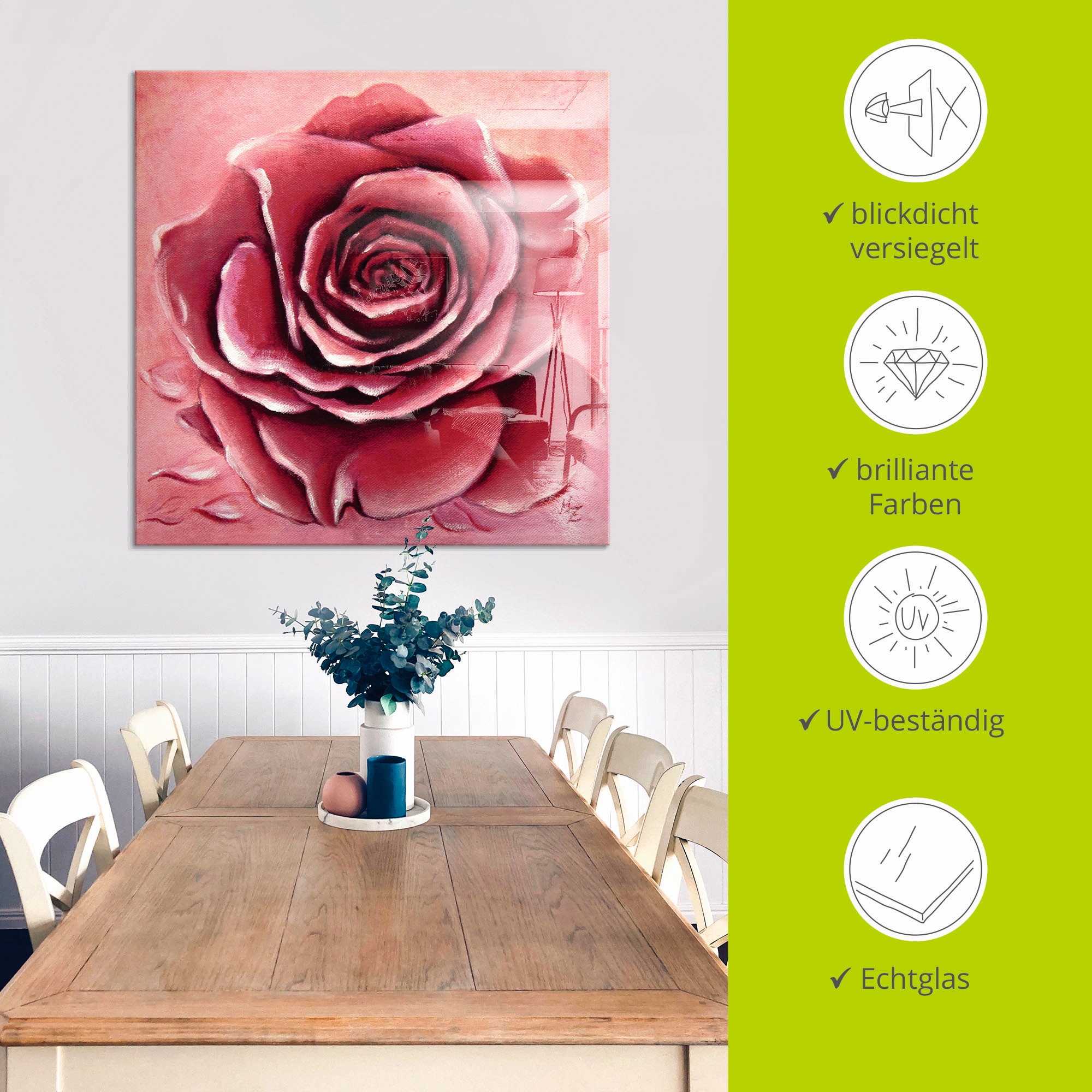 Artland Glasbild »Rote Rose handgemalt«, Blumen, (1 St.), in verschiedenen Grössen