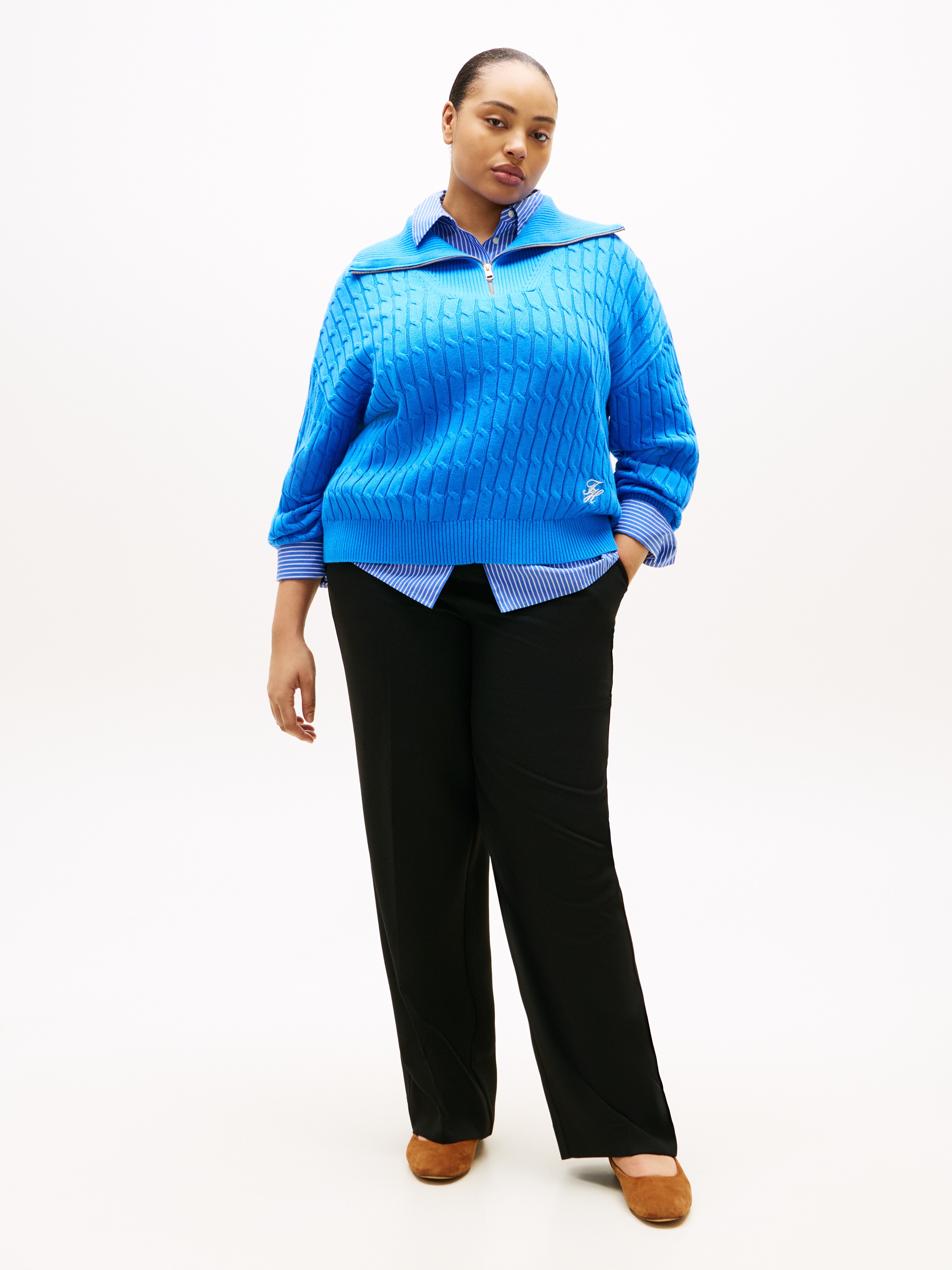 Tommy Hilfiger Curve Troyer »CRV CO CABLE MID GG 1/2 ZIP SWT« en grandes tailles, avec motif torsadé